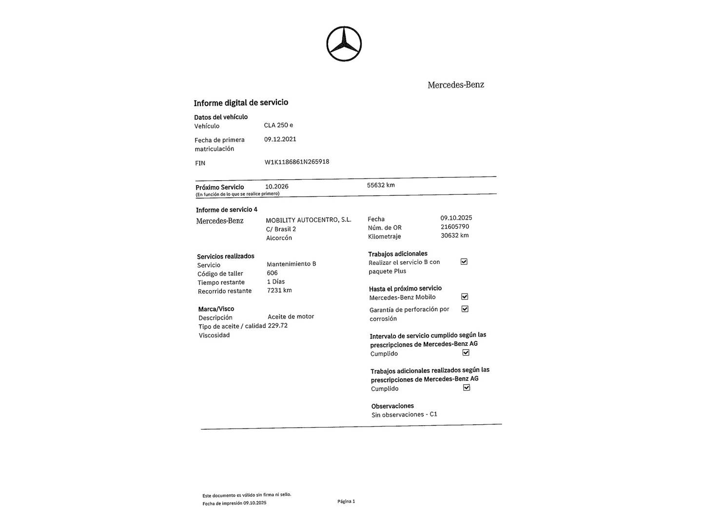 Foto del mantenimiento del Mercedes CLA Mercedes CLA Shooting Brake 250 e (218 CV)