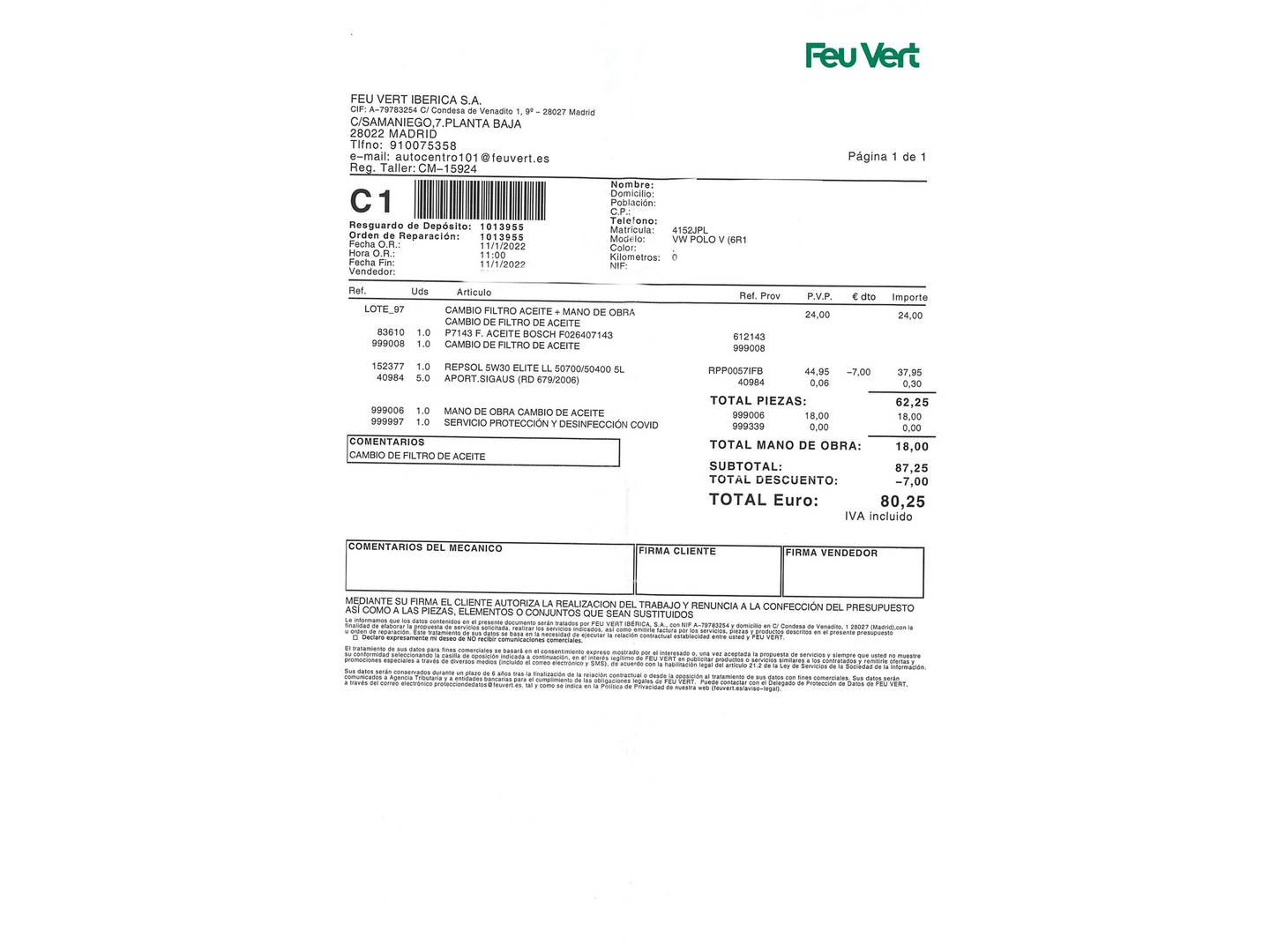 Foto del mantenimiento del Volkswagen Polo Volkswagen Polo A-Polo 1.0 BMT (75 CV)