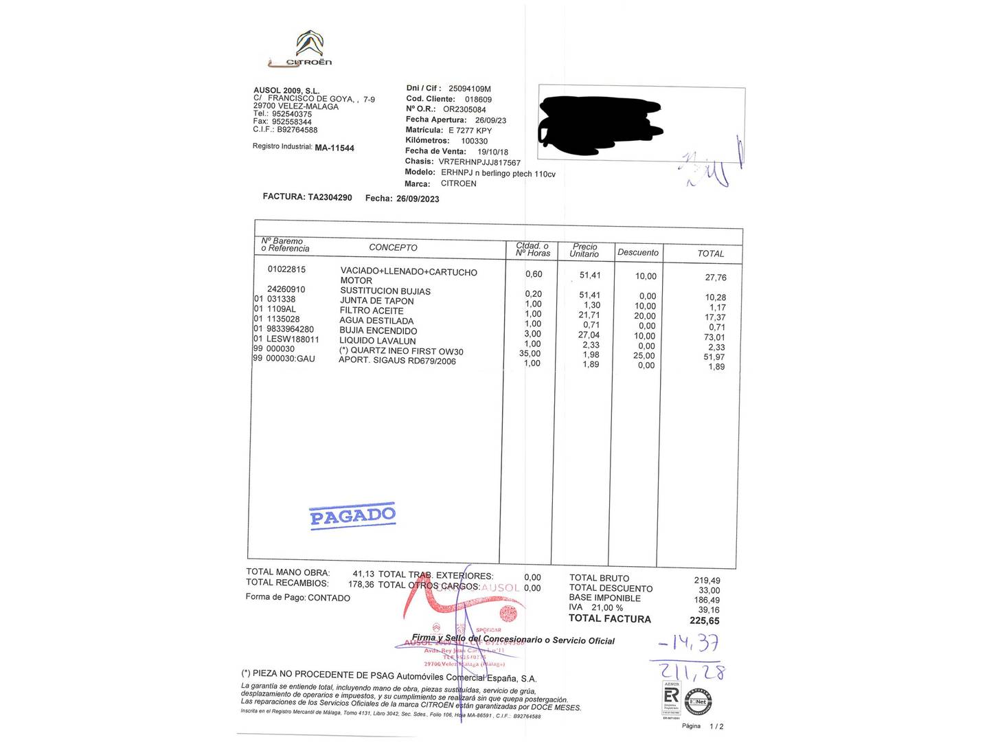 Foto del certificado del Citroën Berlingo Citroën Berlingo Combi PureTech 110 S&S Talla M Feel (110 CV)
