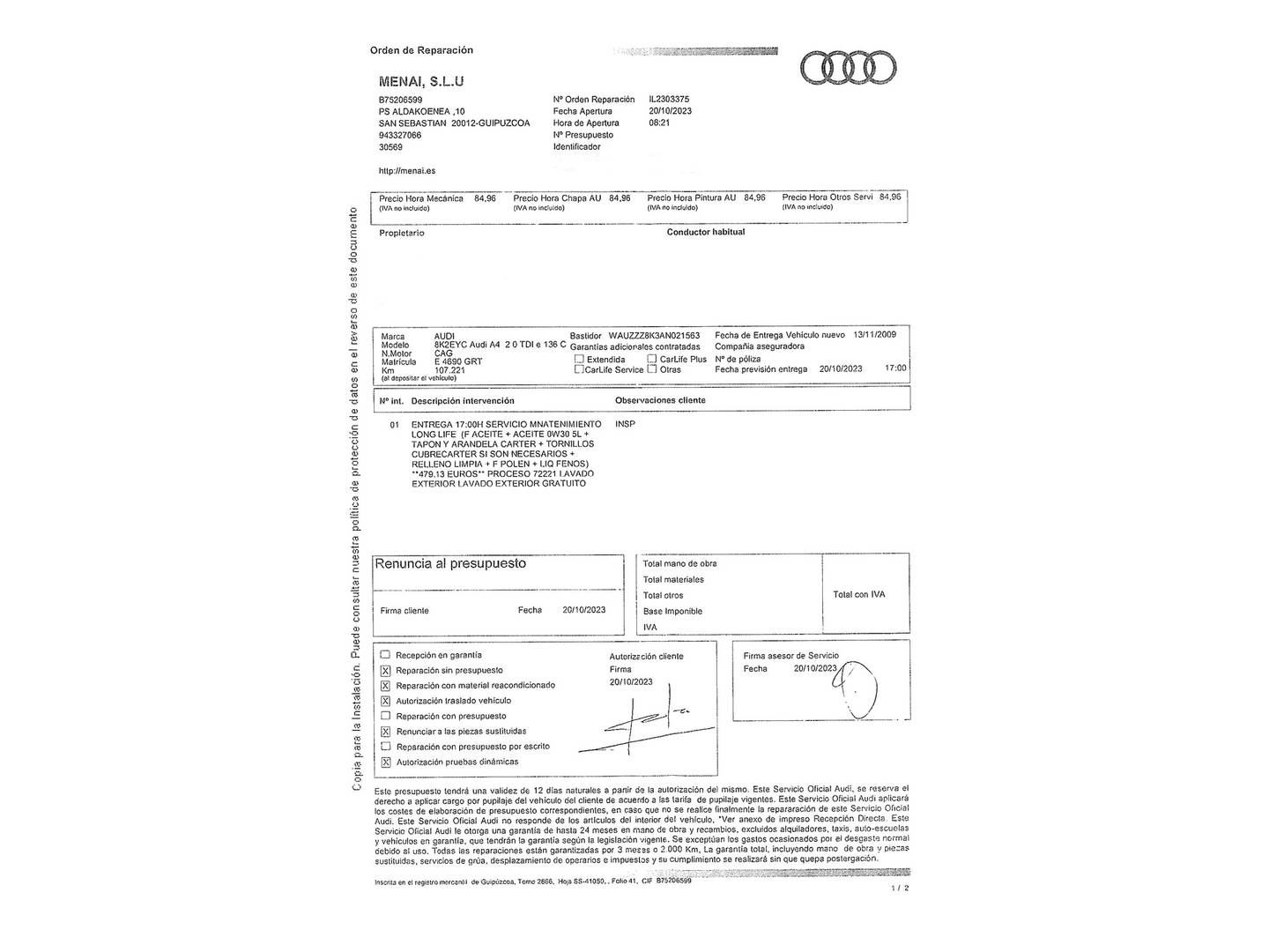 Foto del mantenimiento del Audi A4 Audi A4 2.0 TDI e DPF (136 CV)