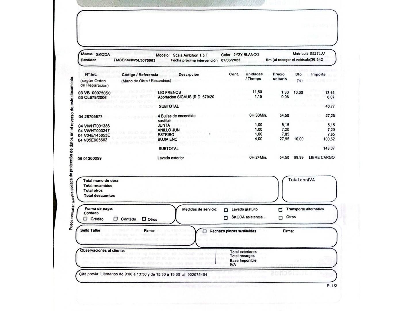 Foto del mantenimiento del Skoda Scala Skoda Scala 1.5 TSI Sport (150 CV)