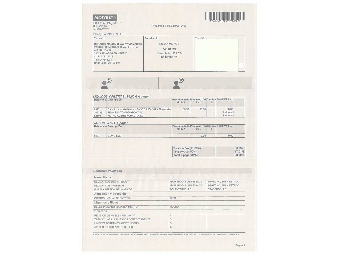 Foto del mantenimiento del Nissan Micra Nissan Micra DIG-T N-Sport (117 CV)