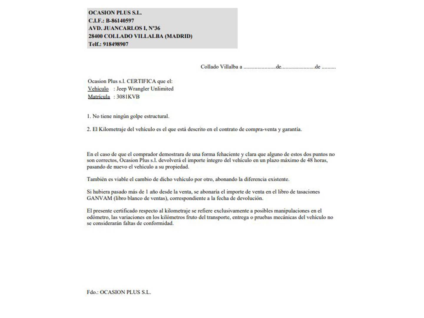 Foto del certificado del Jeep Wrangler Unlimited Jeep Wrangler 2.0T GME Sahara 8ATX (270 CV)