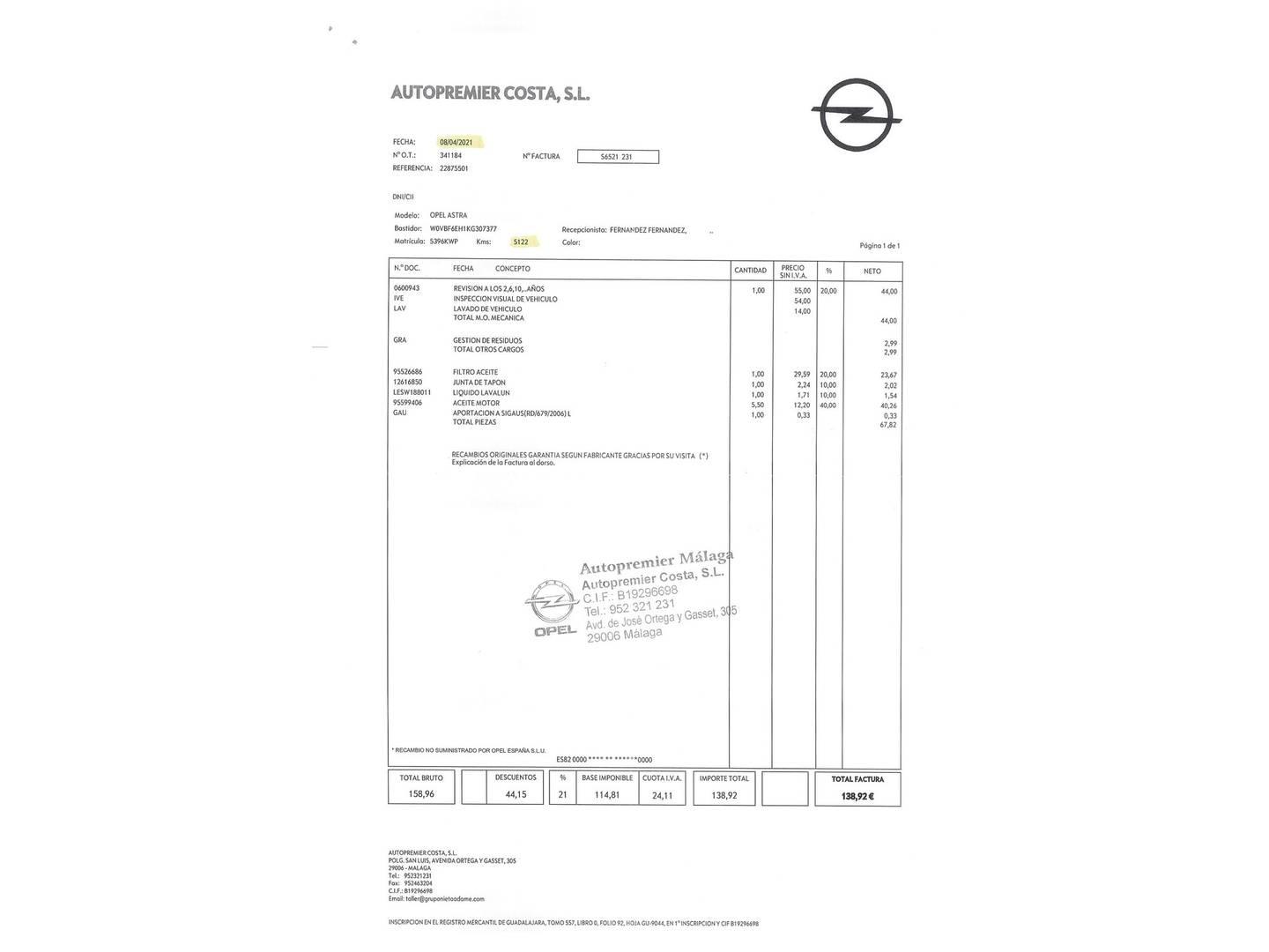 Foto del mantenimiento del Opel Astra Opel Astra 1.6 Turbo S&S GSi Line (200 CV)