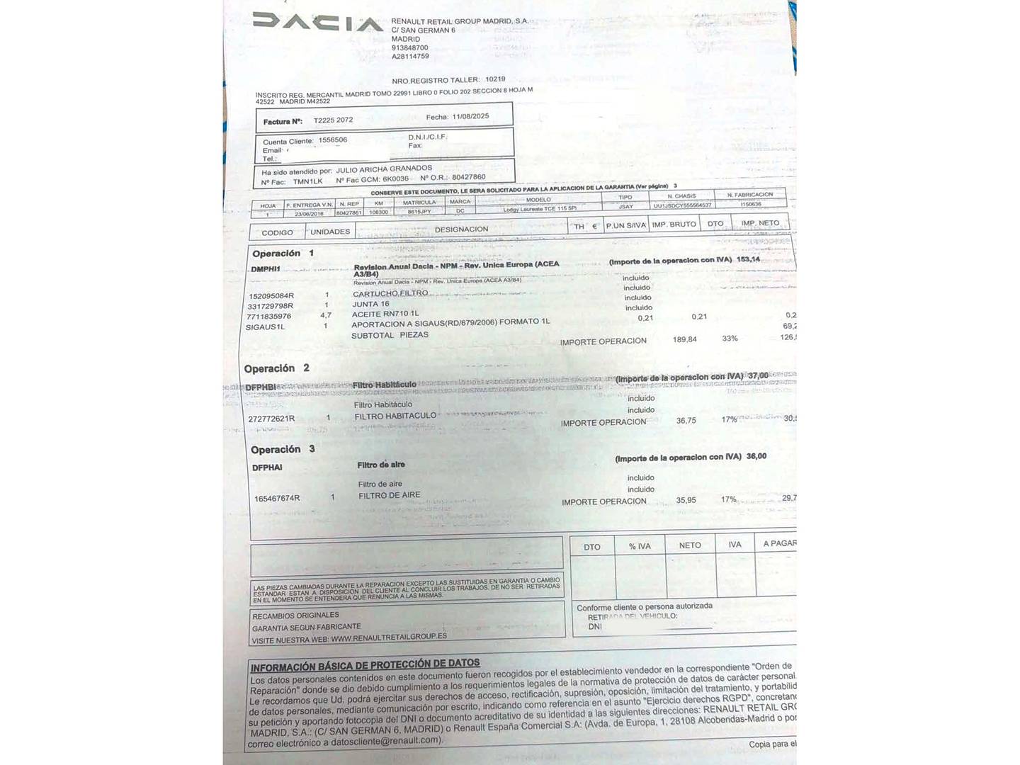 Foto del mantenimiento del Dacia Lodgy Dacia Lodgy Laureate TCe (115 CV)