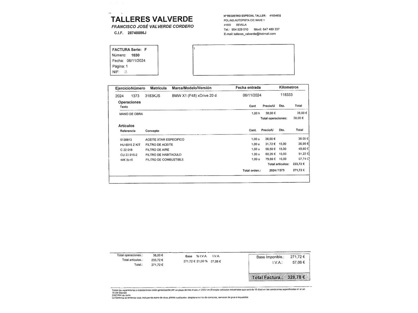 Foto del mantenimiento del BMW X1 BMW X1 sDrive18d Business (150 CV)