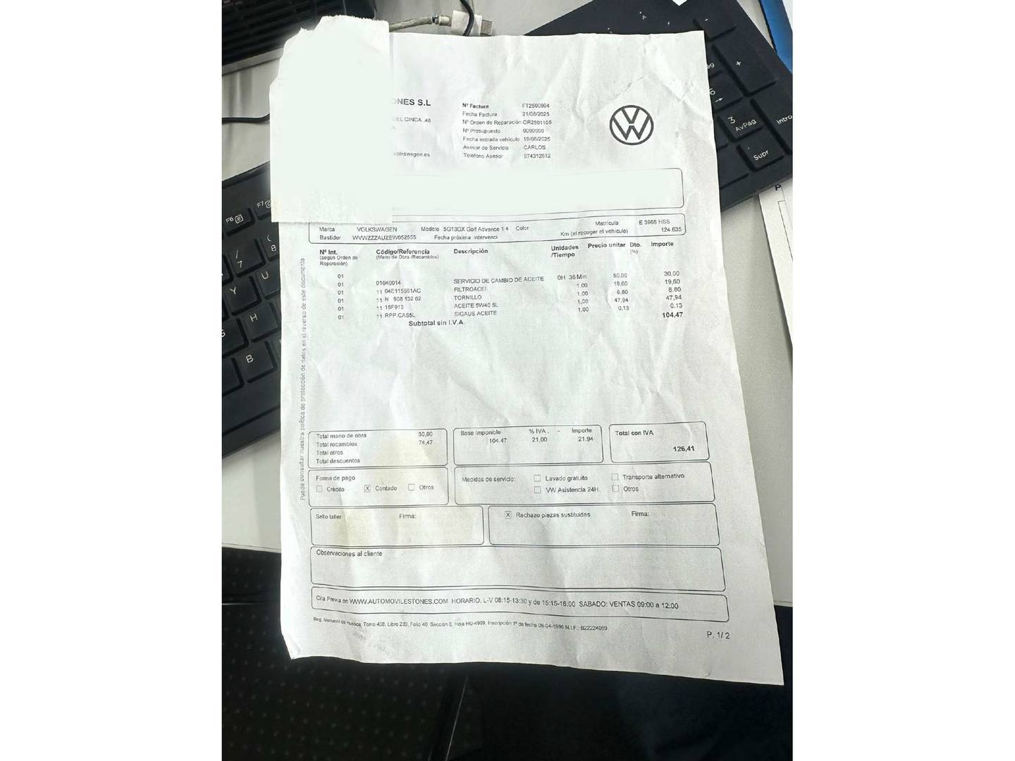 Foto del mantenimiento del Volkswagen Golf Volkswagen Golf Advance 1.4 TSI BMT (122 CV)