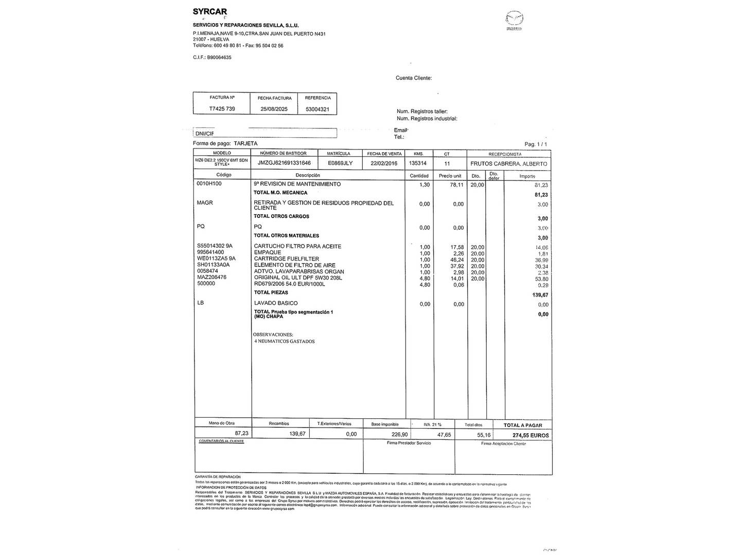 Foto del mantenimiento del Mazda Mazda6 Mazda Mazda 6 2.2 DE Style+ (150 CV)