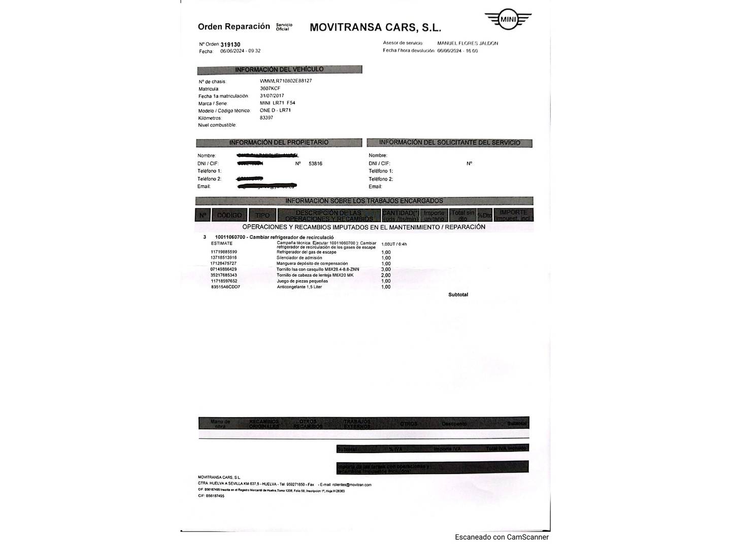 Foto del mantenimiento del Mini CLUBMAN Mini MINI Clubman One D (116 CV)