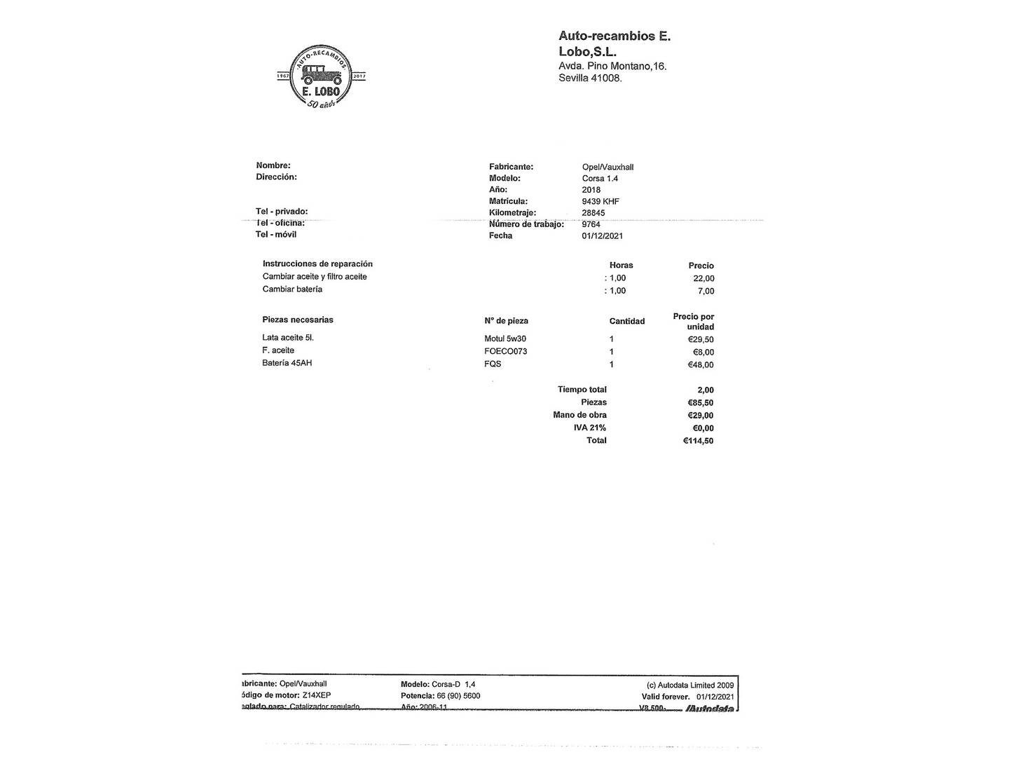 Foto del mantenimiento del Opel Corsa Opel Corsa 1.4 Business (90 CV)