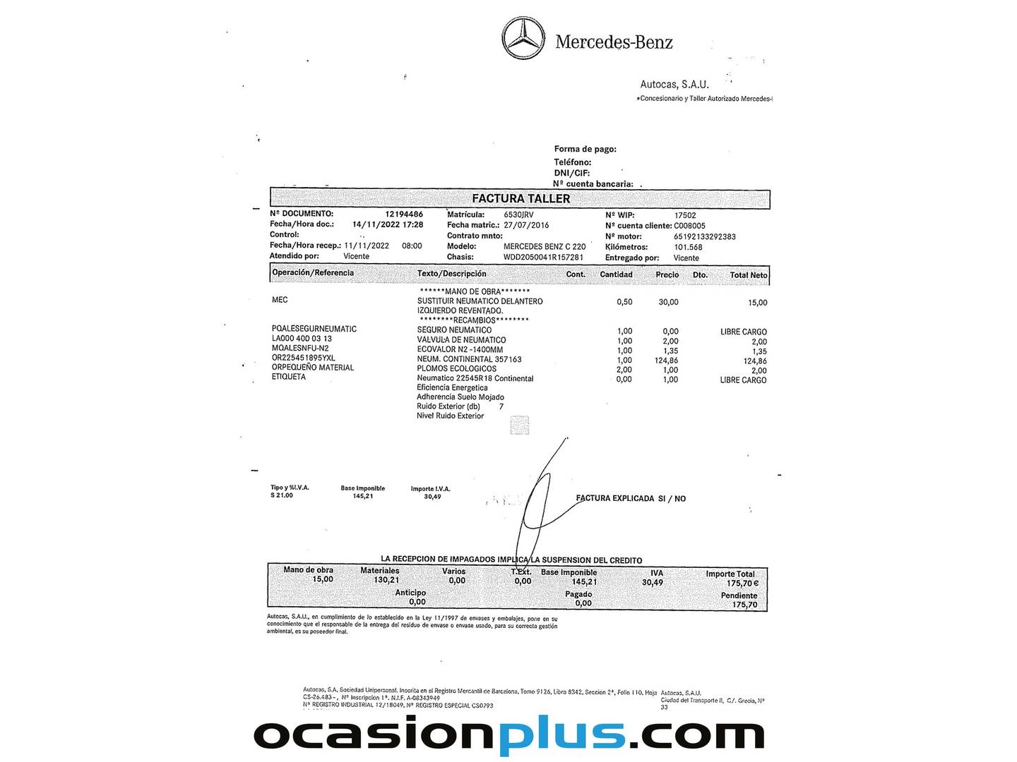 Foto del mantenimiento del Mercedes Clase C Mercedes Clase C Clase C C 220 d Avantgarde (170 CV)