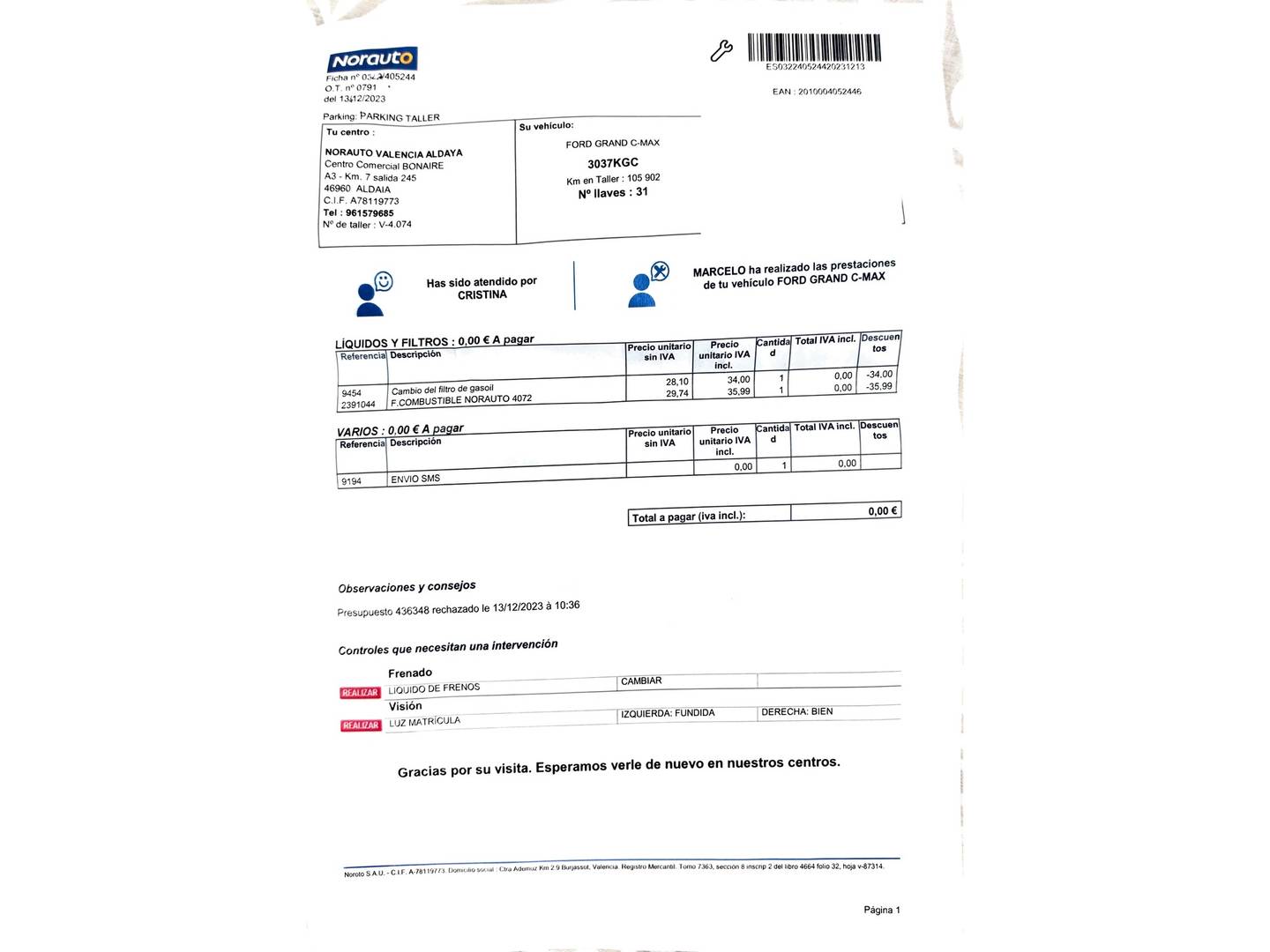 Foto del mantenimiento del Ford Grand C-Max Ford Grand C-Max 1.5 TDCI Titanium (120 CV)