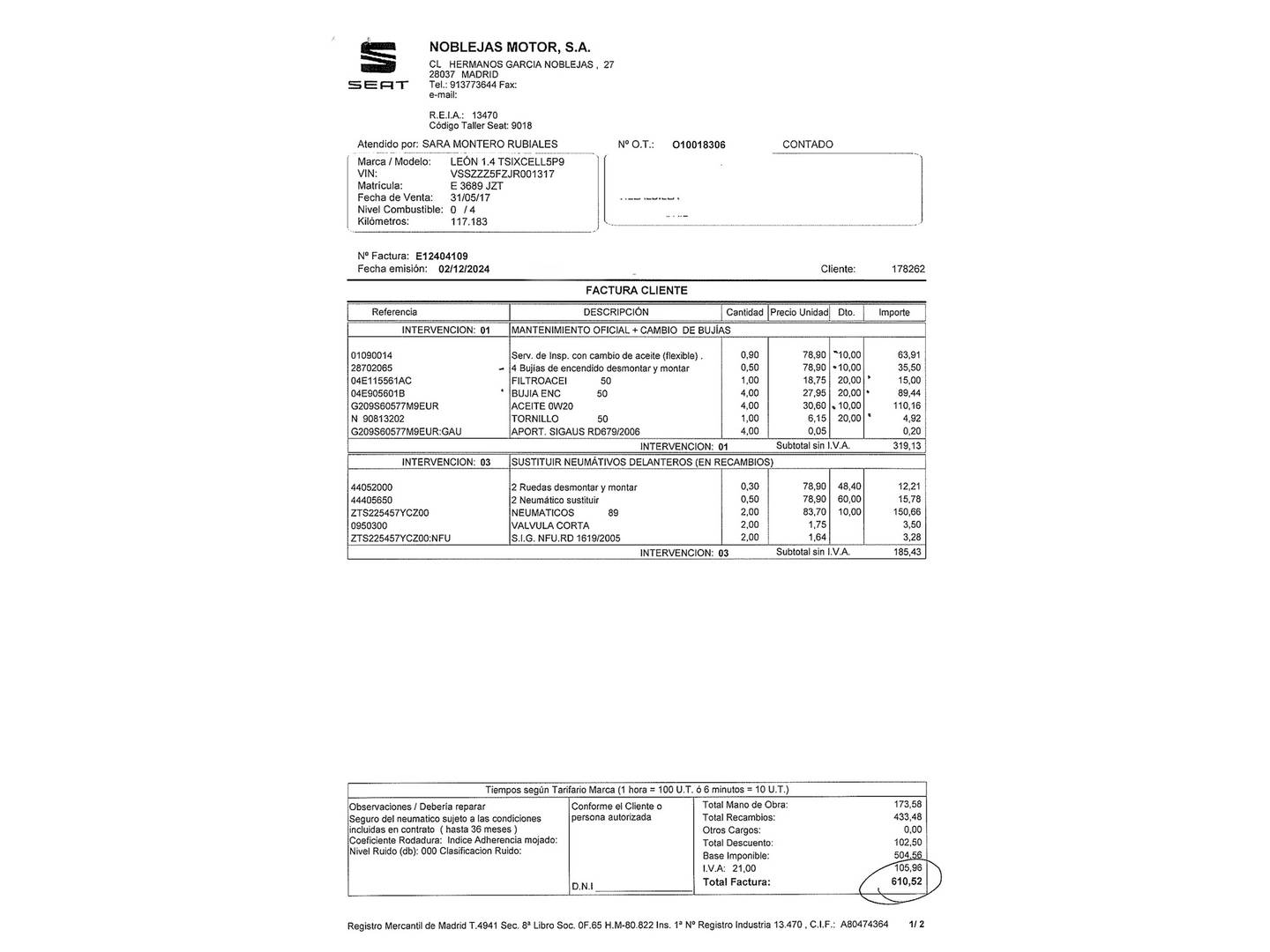 Foto del mantenimiento del Seat León Seat León 1.4 TSI S&S Xcellence Plus (125 CV)