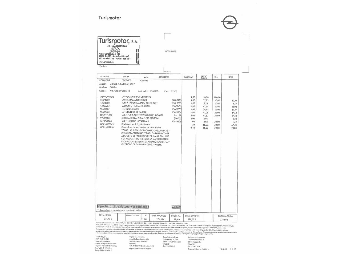 Foto del mantenimiento del Opel Zafira Tourer Opel Zafira Tourer 1.6 CDTi S&S Excellence (136 CV) 7 Plazas