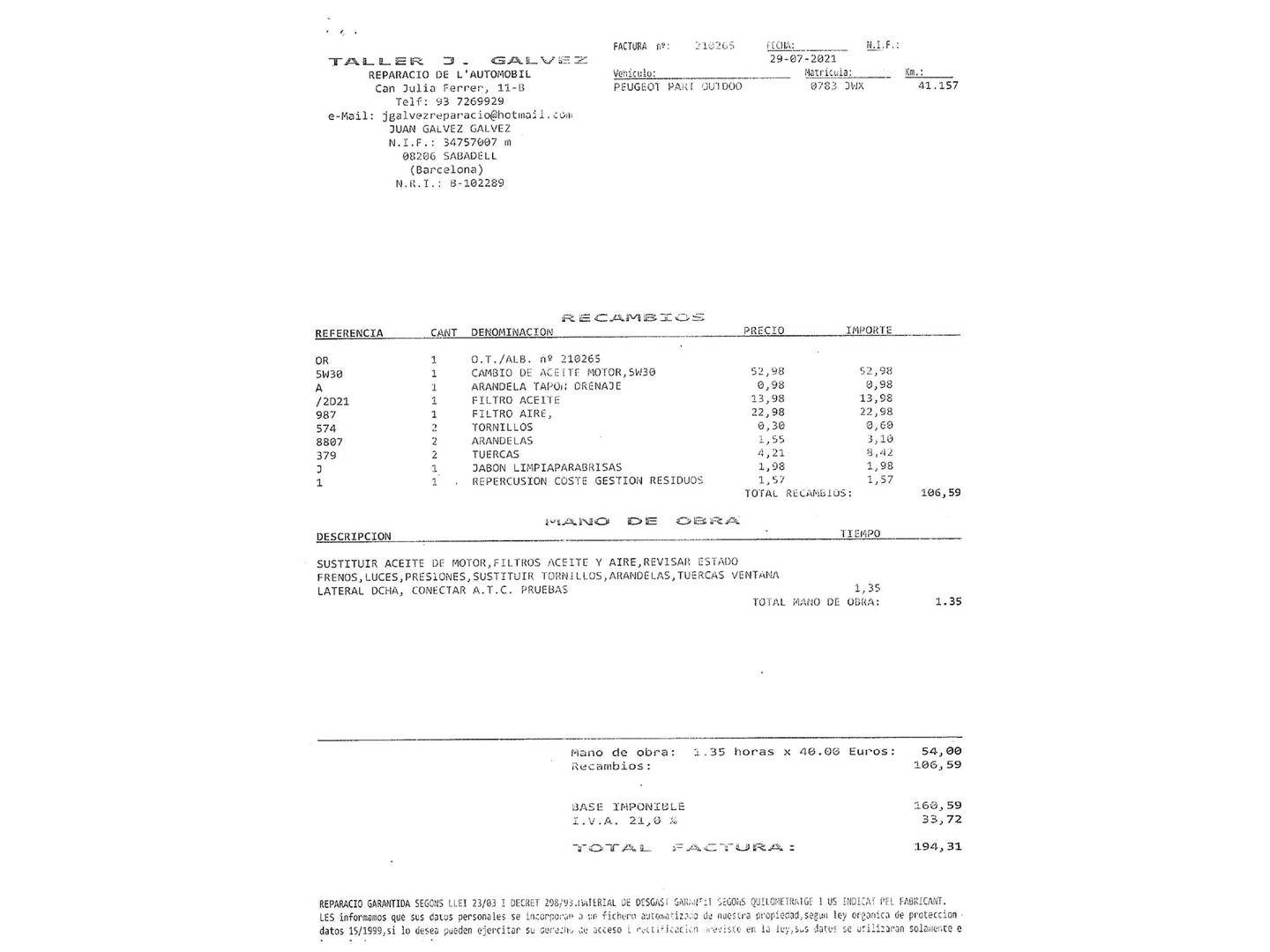 Foto del mantenimiento del Peugeot Partner Peugeot Partner Tepee Combi 1.6 BlueHDI Outdoor BlueHDi (120 CV) 7 Plazas