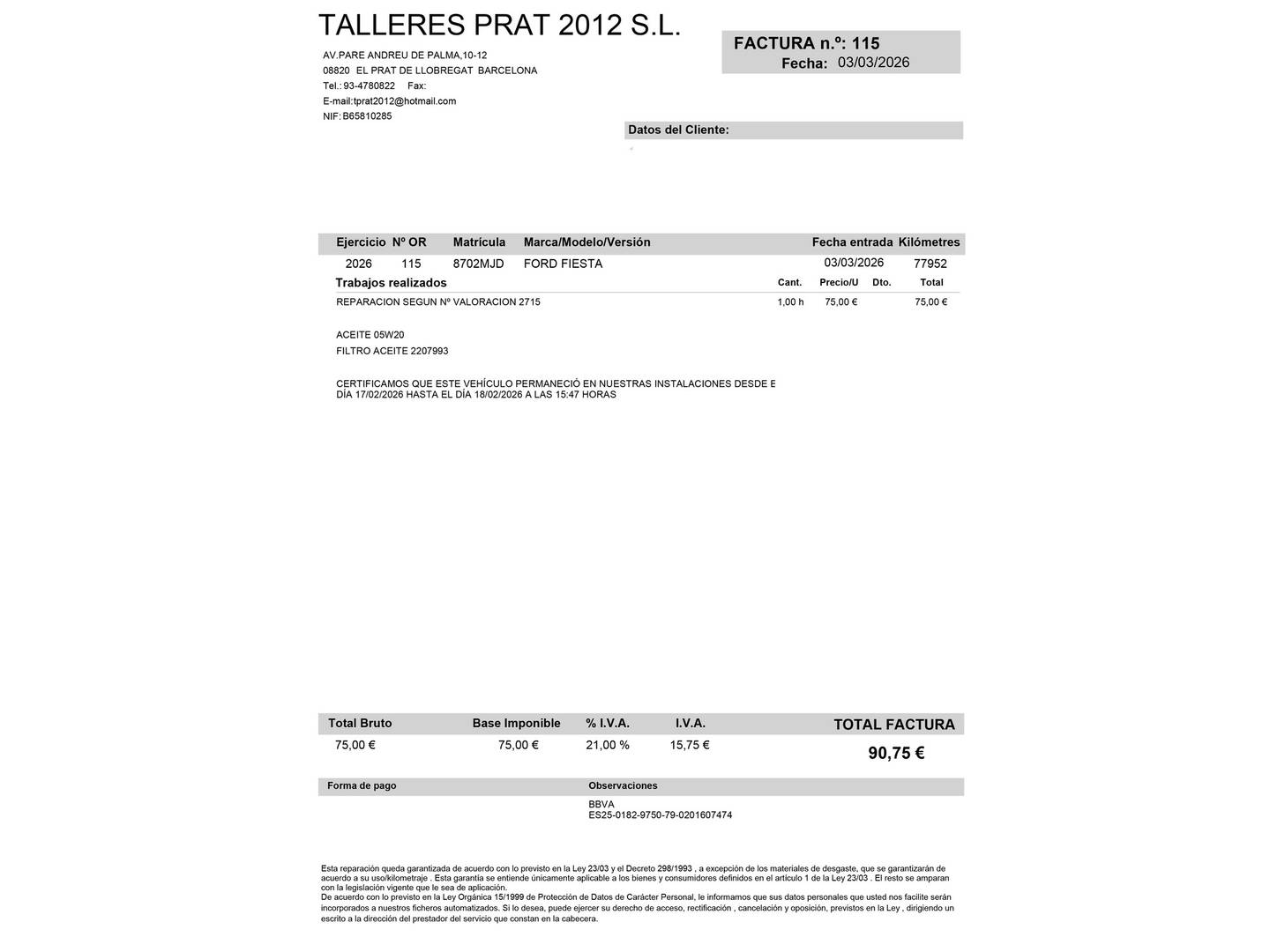 Foto del mantenimiento del Ford Fiesta Ford Fiesta 1.0 EcoBoost MHEV ST-Line (125 CV)