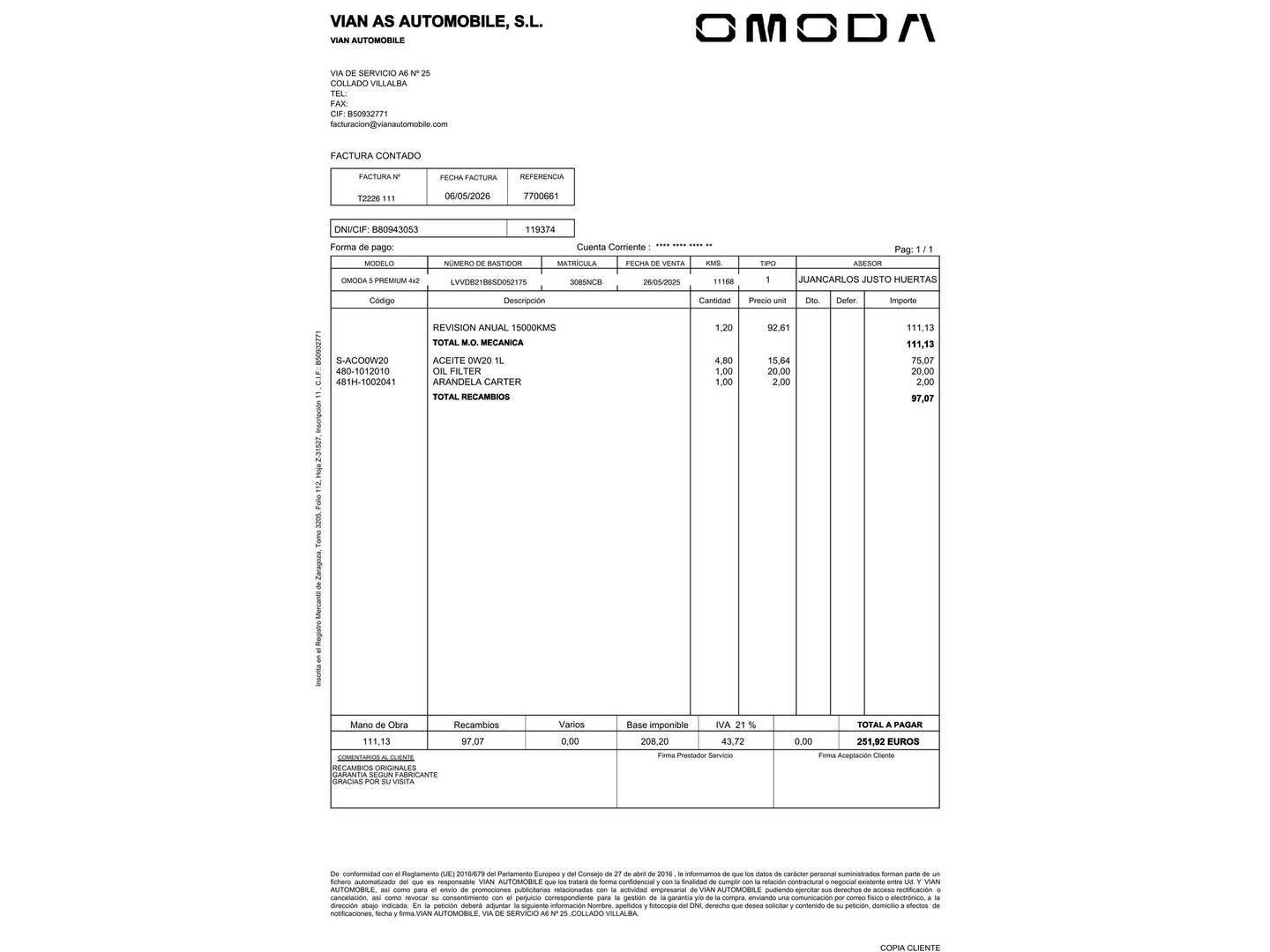 Foto del mantenimiento del OMODA 5 OMODA 5 1.6 TGDI Premium (145 CV)