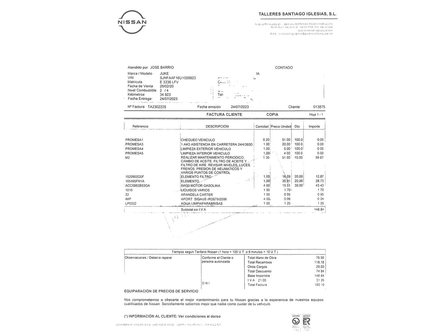 Foto del mantenimiento del Nissan JUKE Nissan Juke DIG-T N-Connecta 4x2 DCT(117 CV)