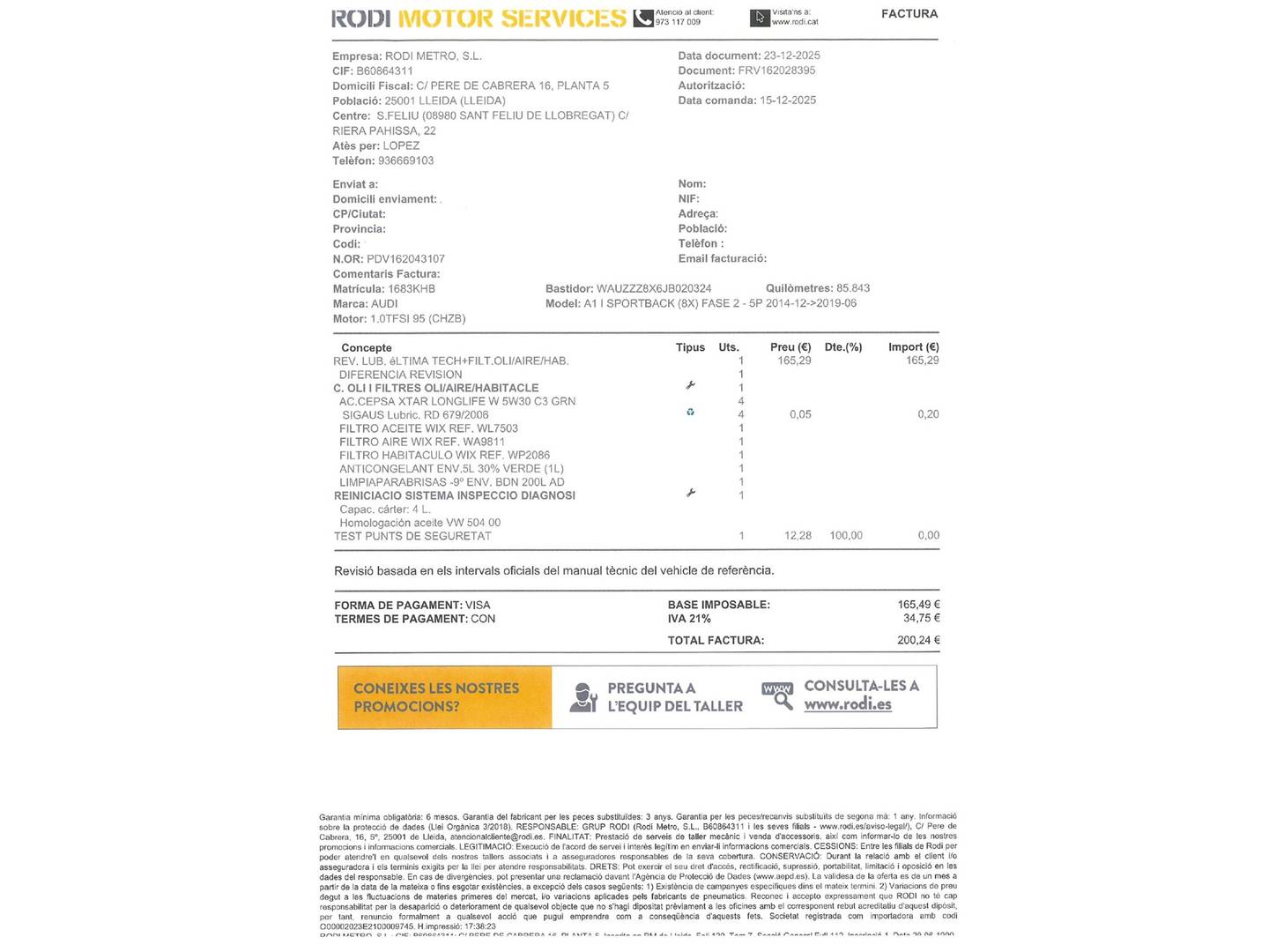 Foto del mantenimiento del Audi A1 Audi A1 Sportback Adrenalin 1.0 TFSI  (95 CV) Pack S-line