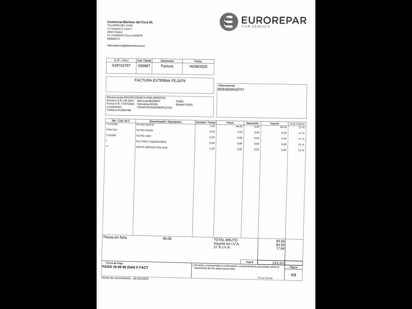 Foto del mantenimiento del Ford Kuga Ford Kuga 2.5 Duratec PHEV ST-Line Auto (225 CV)