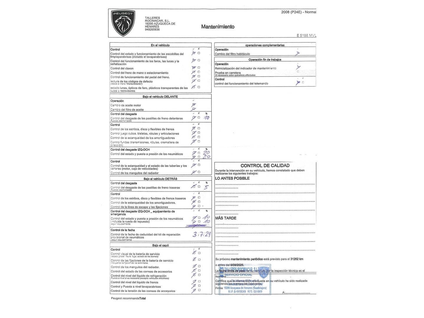 Foto del mantenimiento del Peugeot 2008 Peugeot 2008 Allure Hybrid eDCS6 (136 CV)