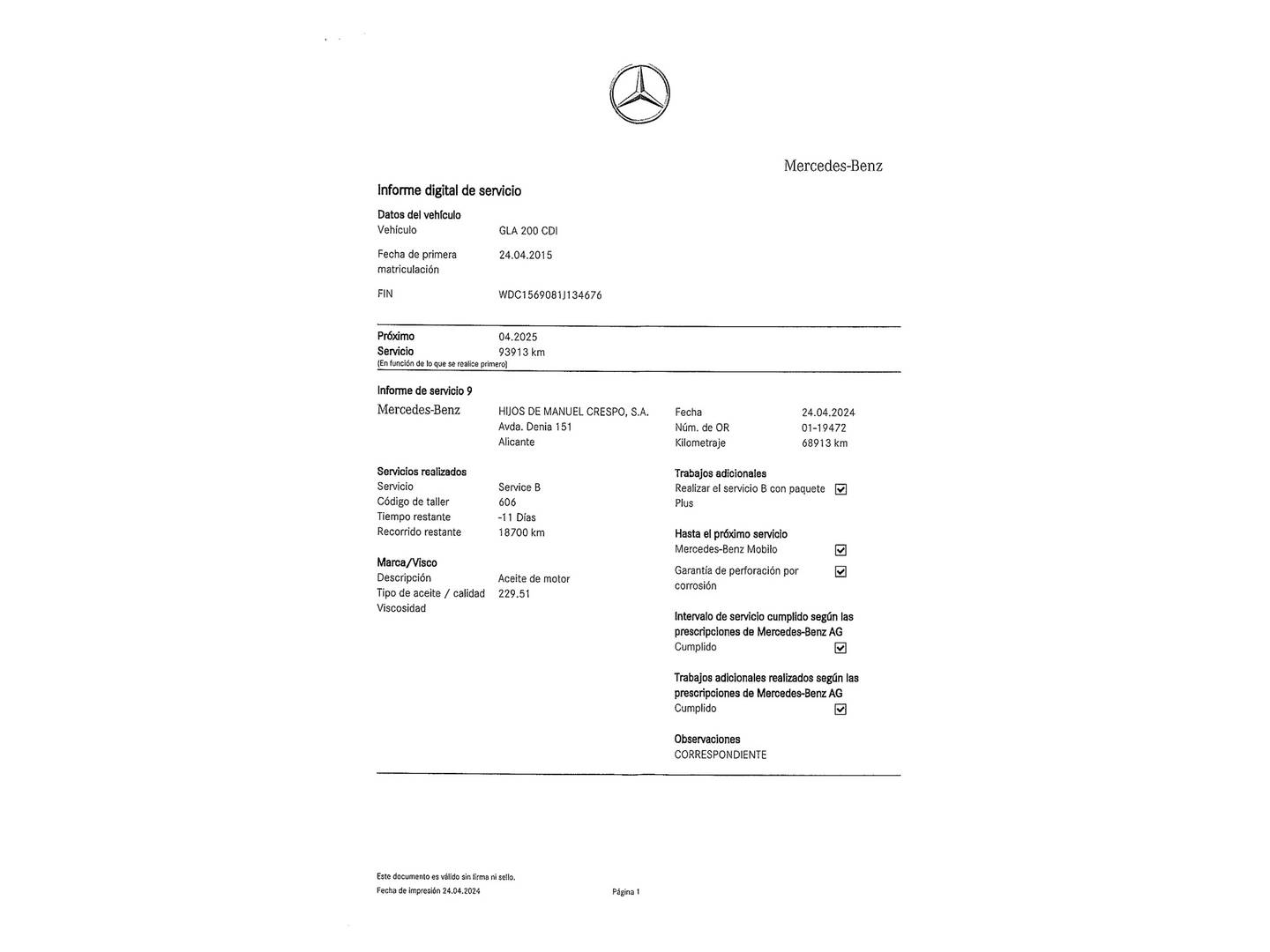 Foto del mantenimiento del Mercedes GLA Mercedes GLA GLA 200 d Urban (136 CV)