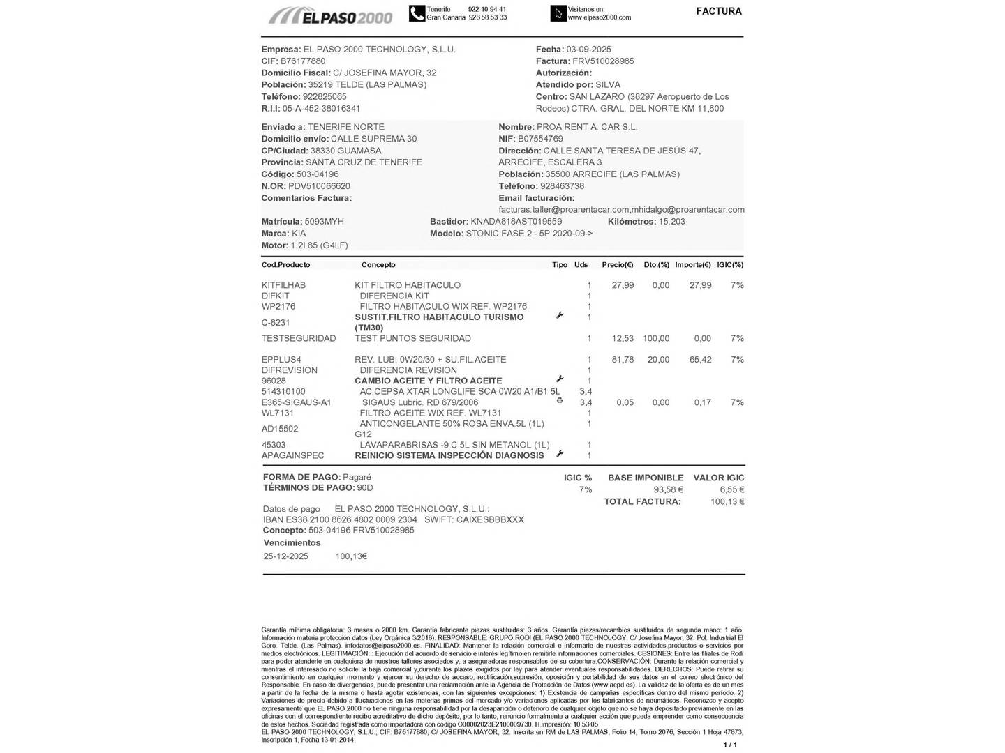 Foto del mantenimiento del KIA Stonic KIA Stonic 1.2 DPi Drive (79 CV)