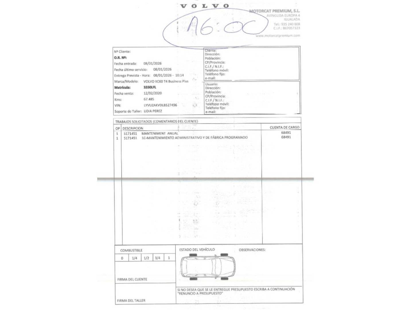 Foto del mantenimiento del Volvo XC60 Volvo XC60 T4 Business Plus Auto (190 CV)