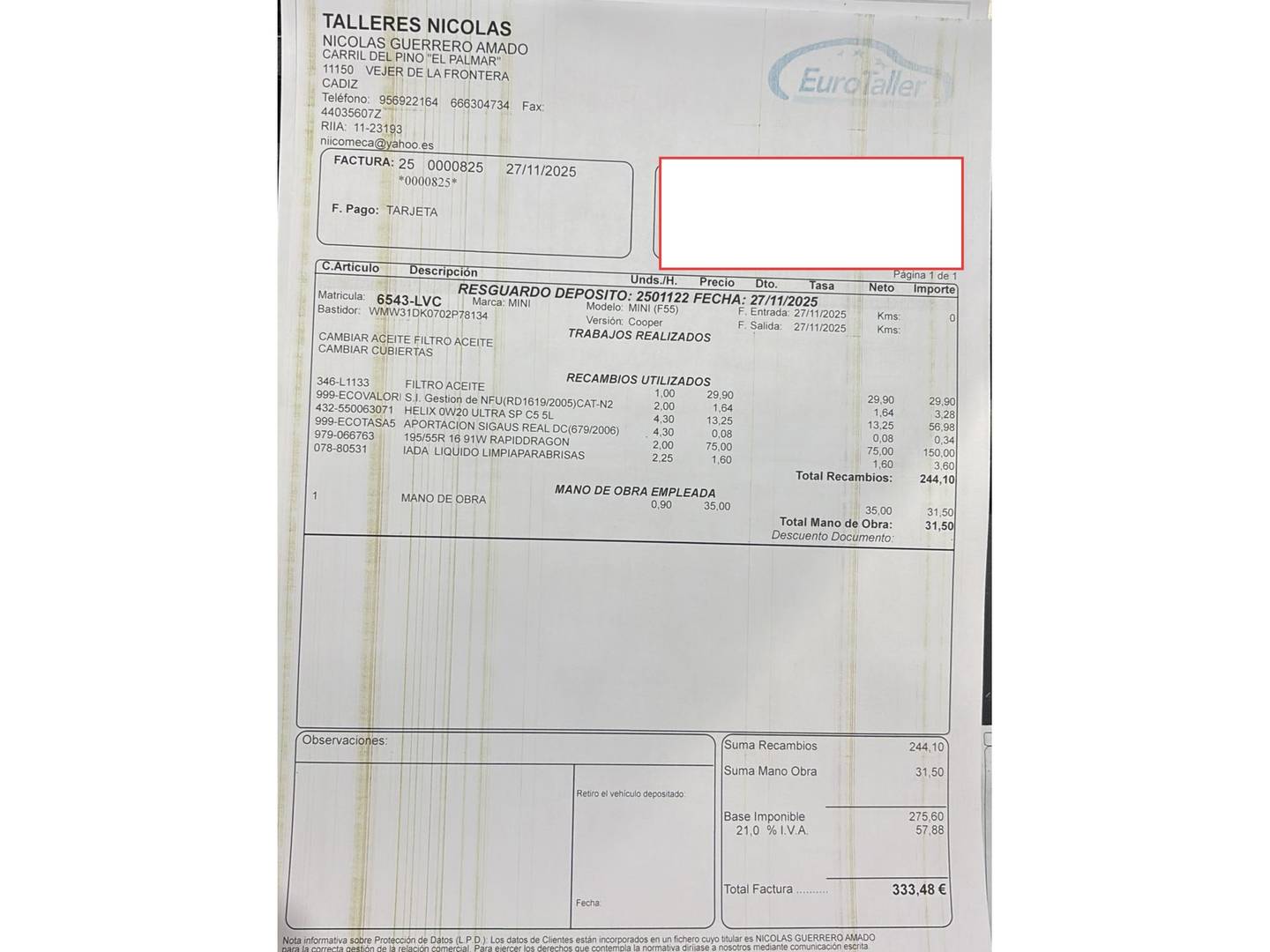 Foto del mantenimiento del Mini MINI Mini MINI Cooper 5 Puertas (136 CV)