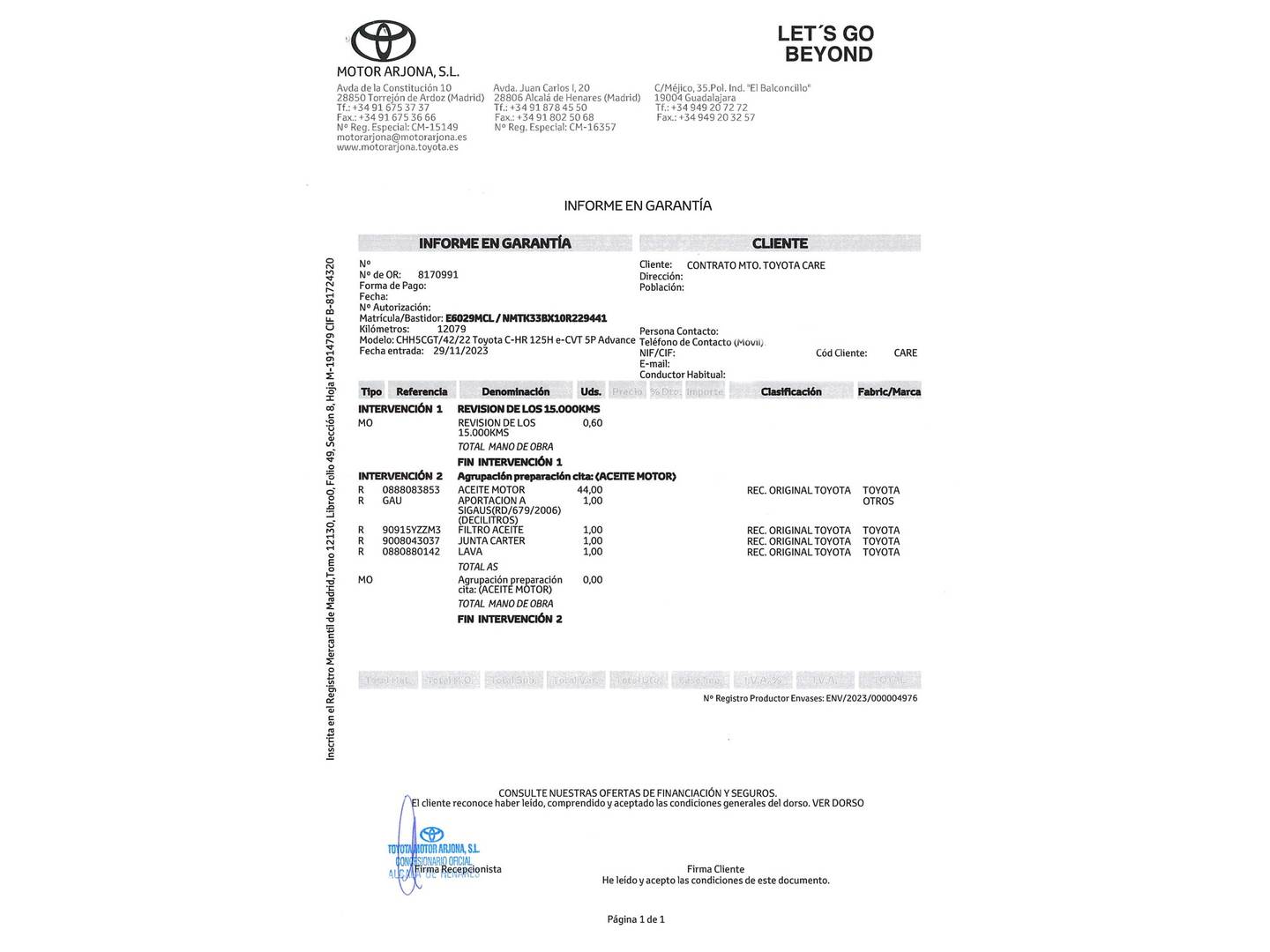 Foto del mantenimiento del Toyota C-HR Toyota C-HR 1.8 125H Advance (122 CV)