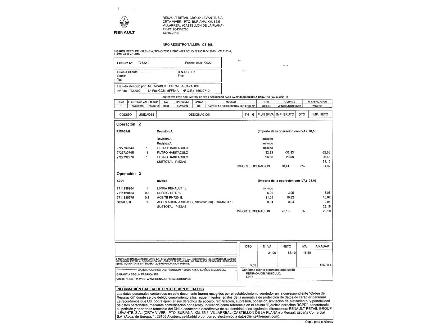 Foto del mantenimiento del Renault Captur Renault Captur Zen Energy dCi (90 CV)