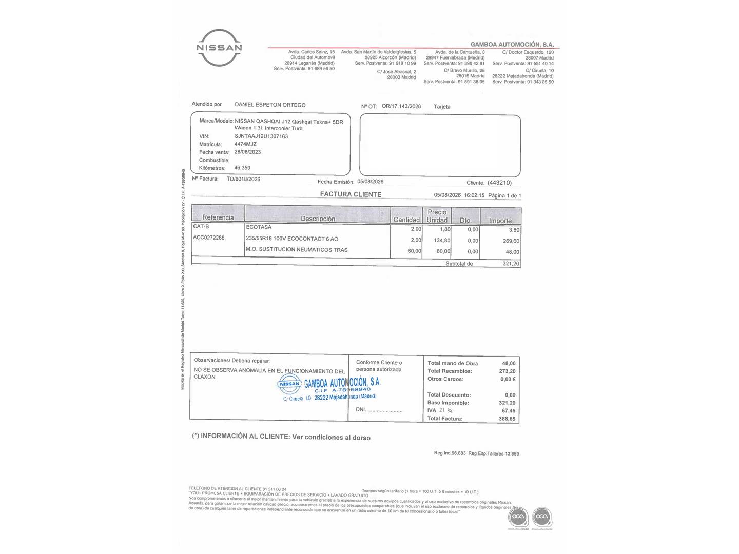 Foto del mantenimiento del Nissan QASHQAI Nissan Qashqai DIG-T 160 mHEV Tekna 4x2 (158 CV)