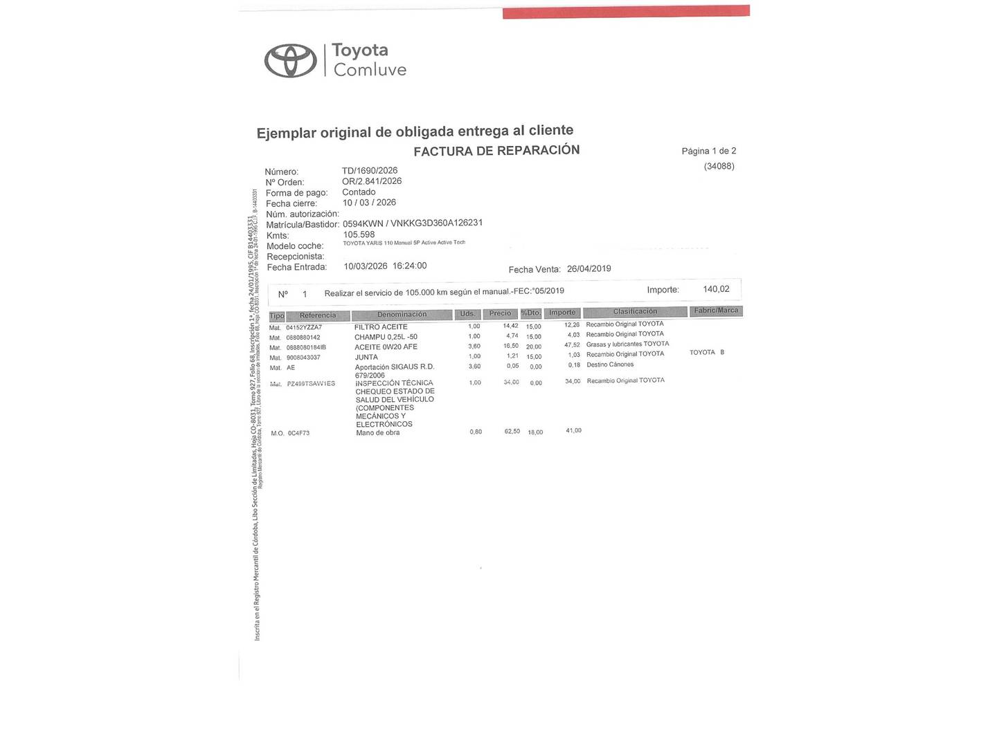 Foto del mantenimiento del Toyota Yaris Toyota Yaris 1.5 Active Tech (111 CV)