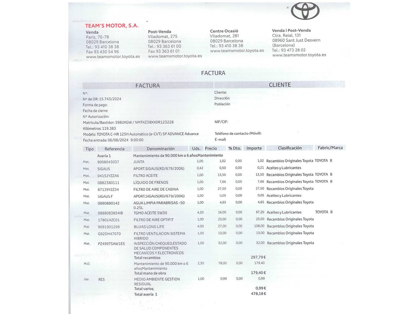 Foto del mantenimiento del Toyota C-HR Toyota C-HR 1.8 125H Advance (122 CV)