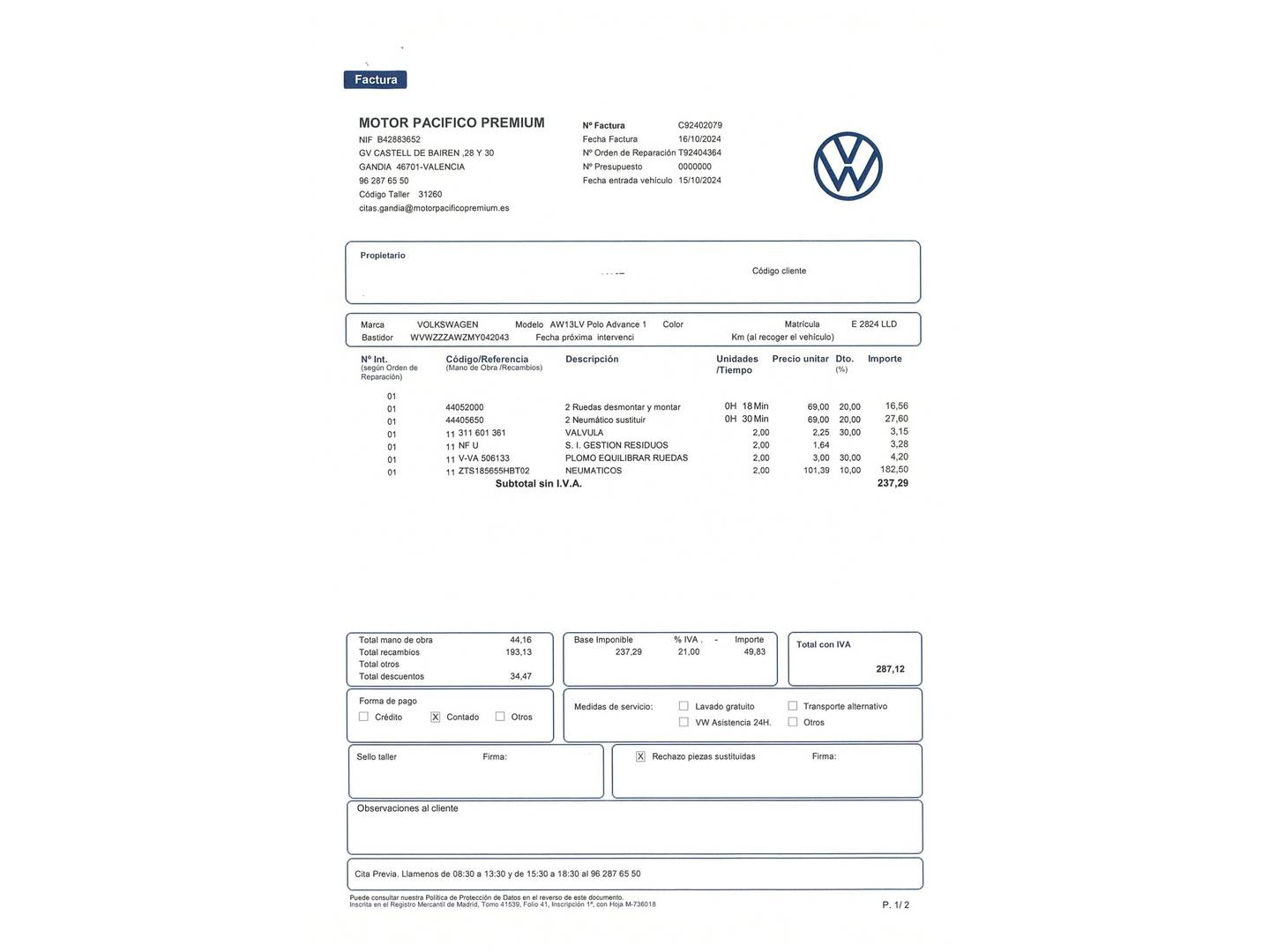 Foto del mantenimiento del Volkswagen Polo Volkswagen Polo Advance 1.0 TSI (95 CV)