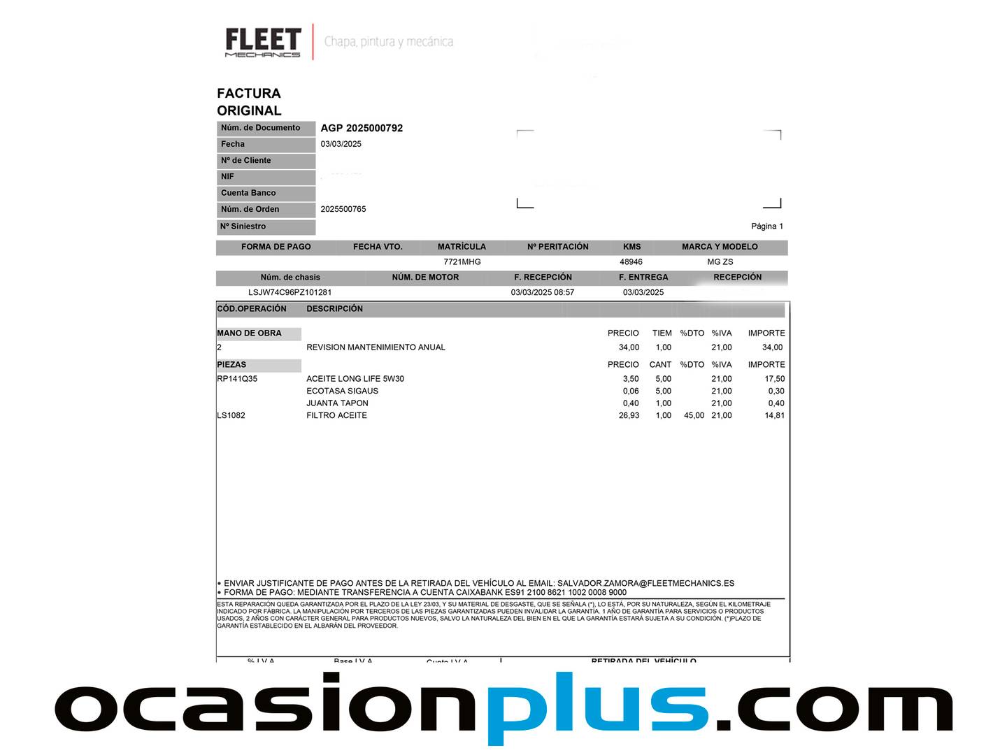 Foto del mantenimiento del MG ZS MG ZS 1.0T Luxury (111 CV)