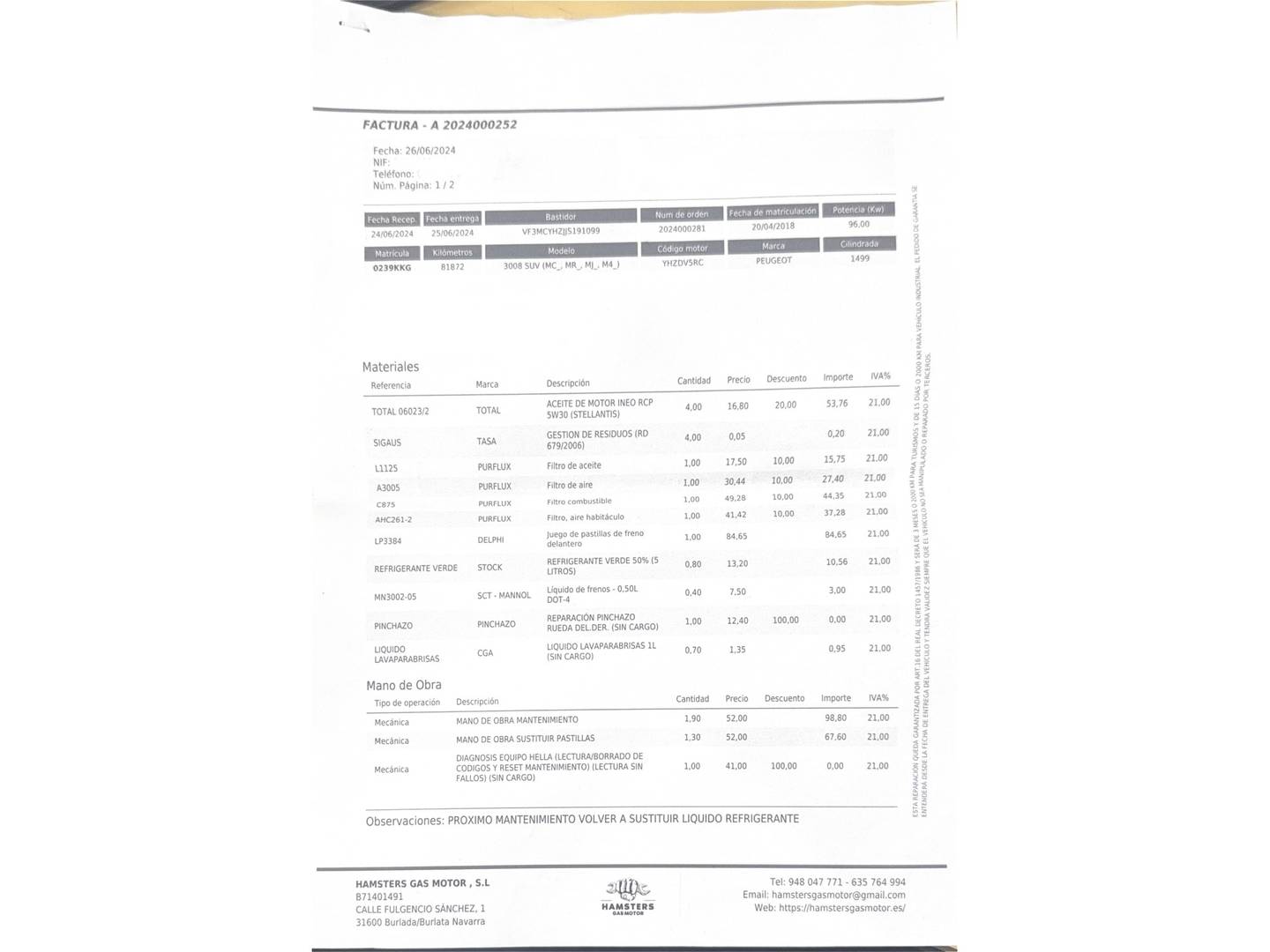 Foto del mantenimiento del Peugeot 3008 Peugeot 3008 BlueHDI 130 S&S Allure (130 CV)