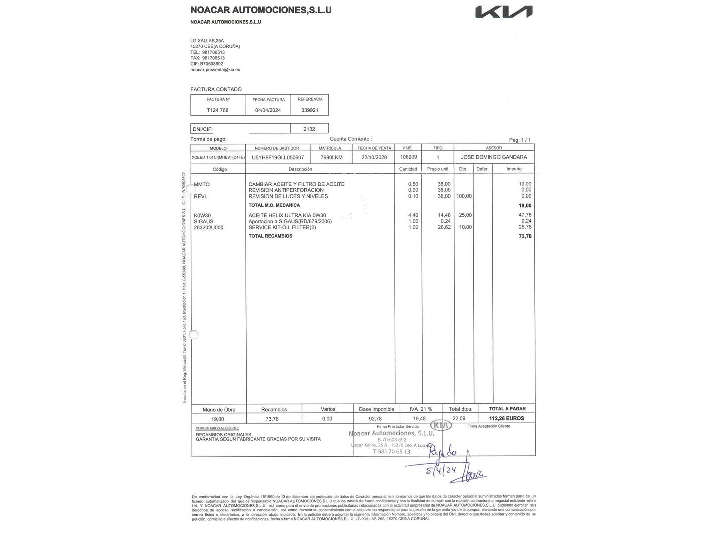 Foto del mantenimiento del KIA XCeed KIA XCeed 1.6 MHEV Emotion DCT (136 CV)