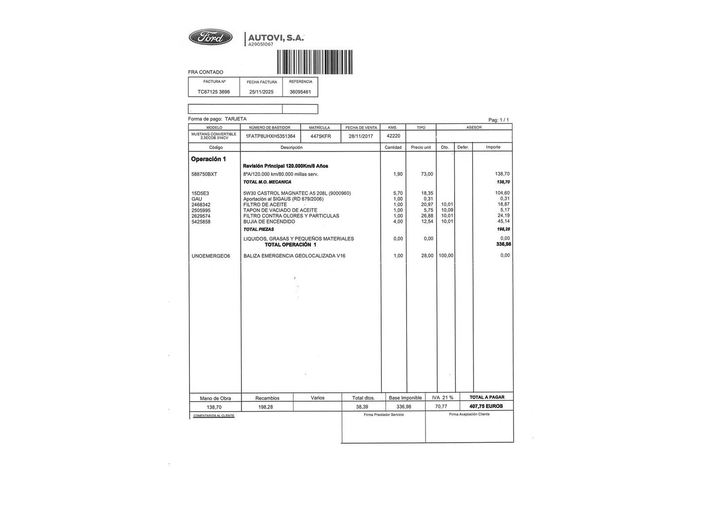 Foto del mantenimiento del Ford Mustang Ford Mustang 2.3 EcoBoost Convertible Mustang Auto (314 CV)