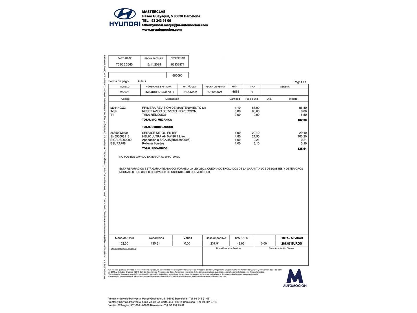 Foto del mantenimiento del Hyundai Tucson Hyundai Tucson 1.6 TGDI HEV Klass AT (215 CV)
