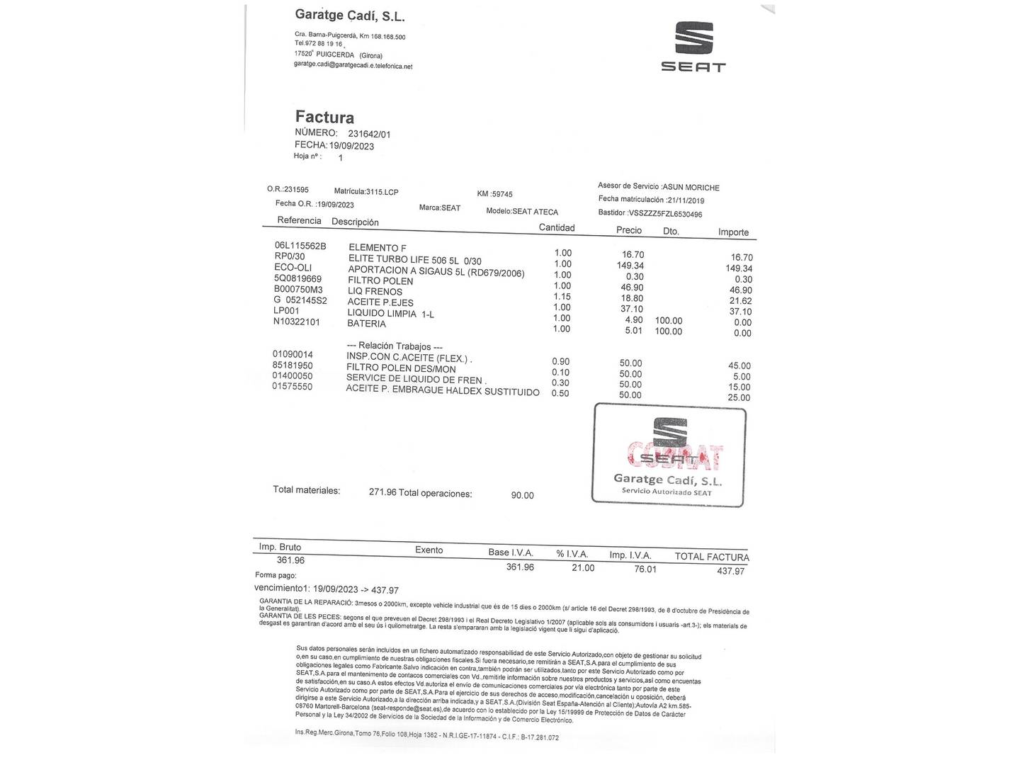 Foto del mantenimiento del Seat Ateca SEAT Ateca 2.0 TSI S&S Xcellence 4Drive DSG (190 CV)