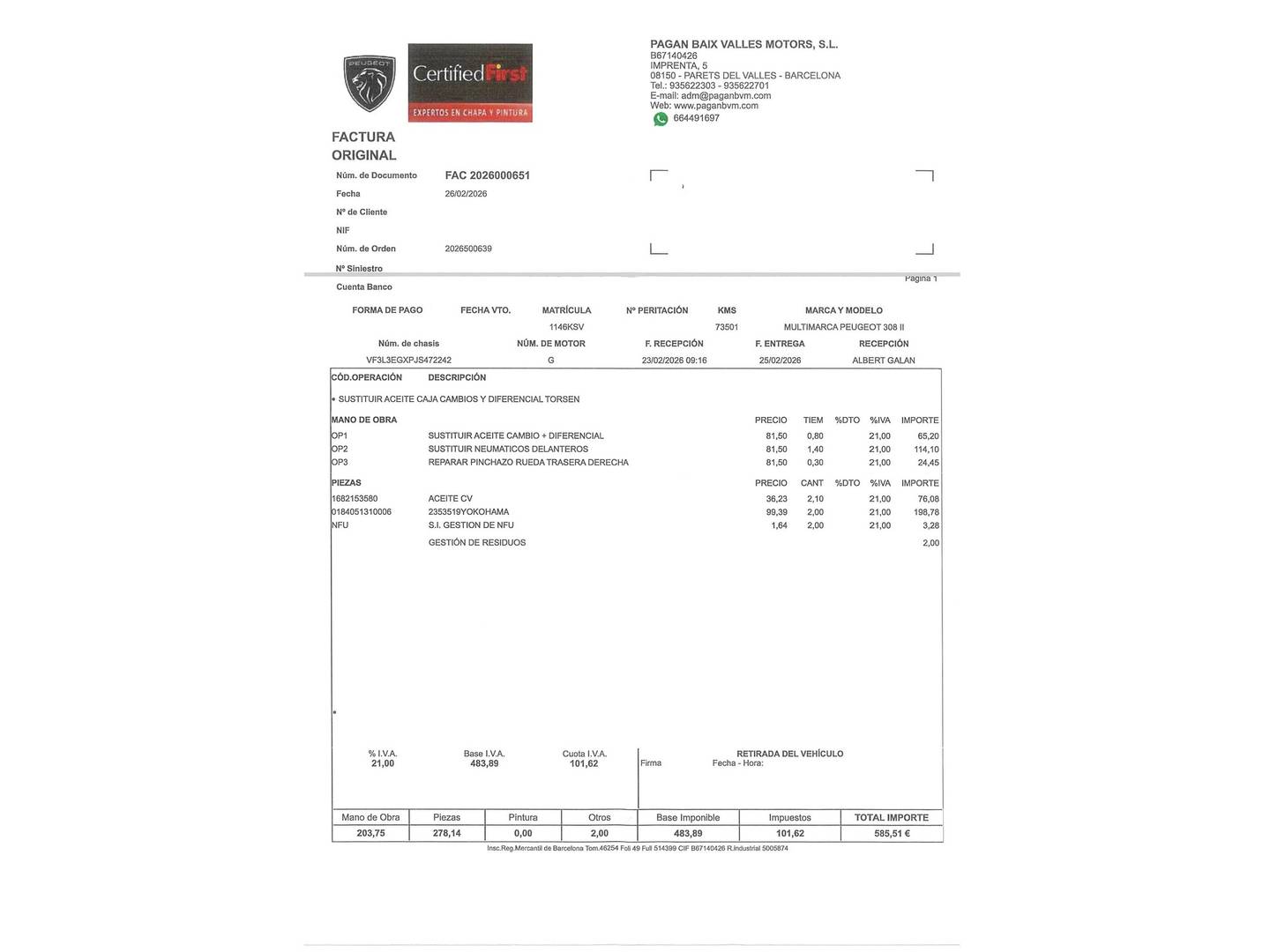 Foto del mantenimiento del Peugeot 308 Peugeot 308 GTi (263 CV)