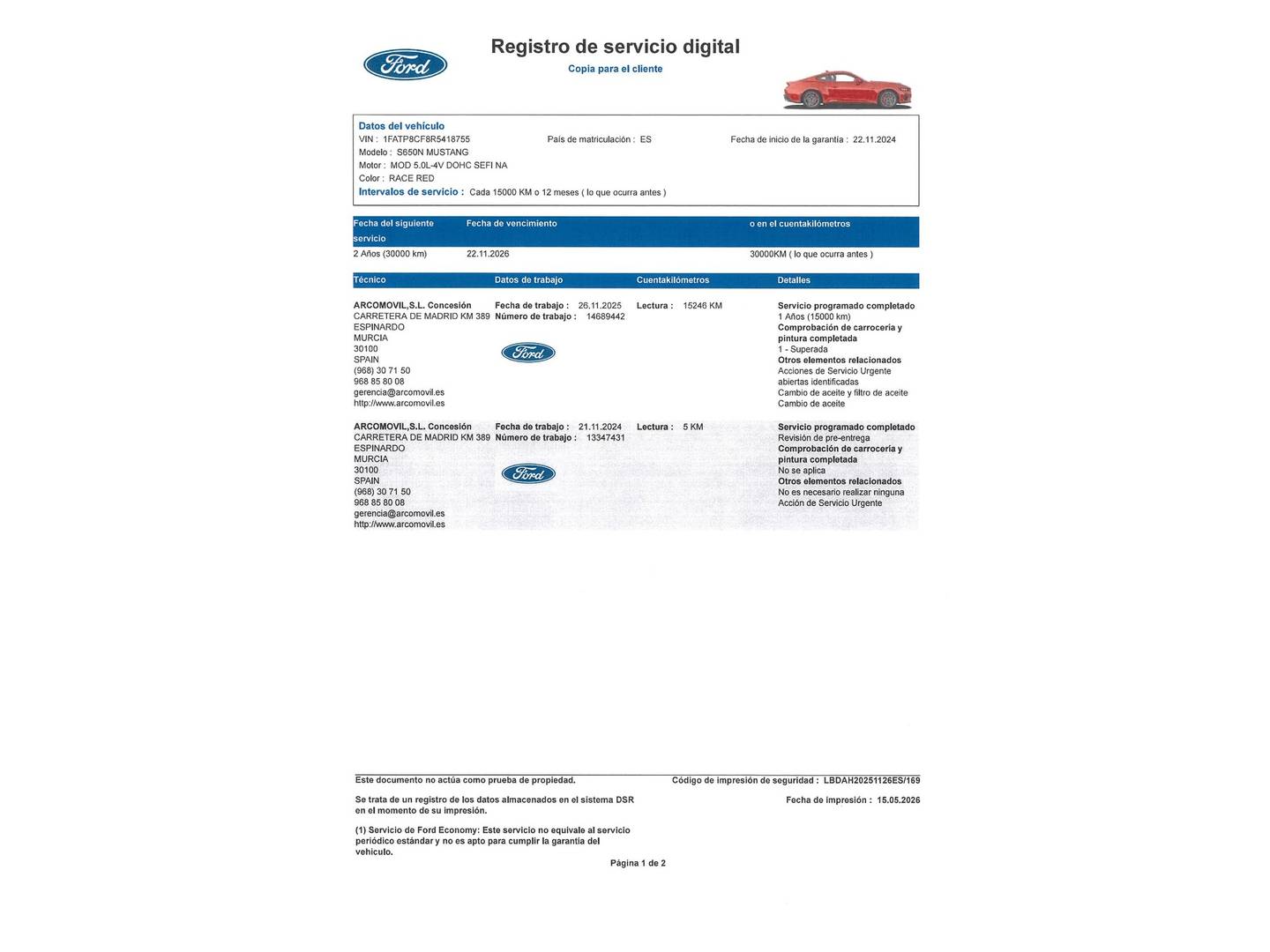 Foto del mantenimiento del Ford Mustang Ford Mustang 5.0 Ti-VCT V8 GT Fastback  (450 CV)