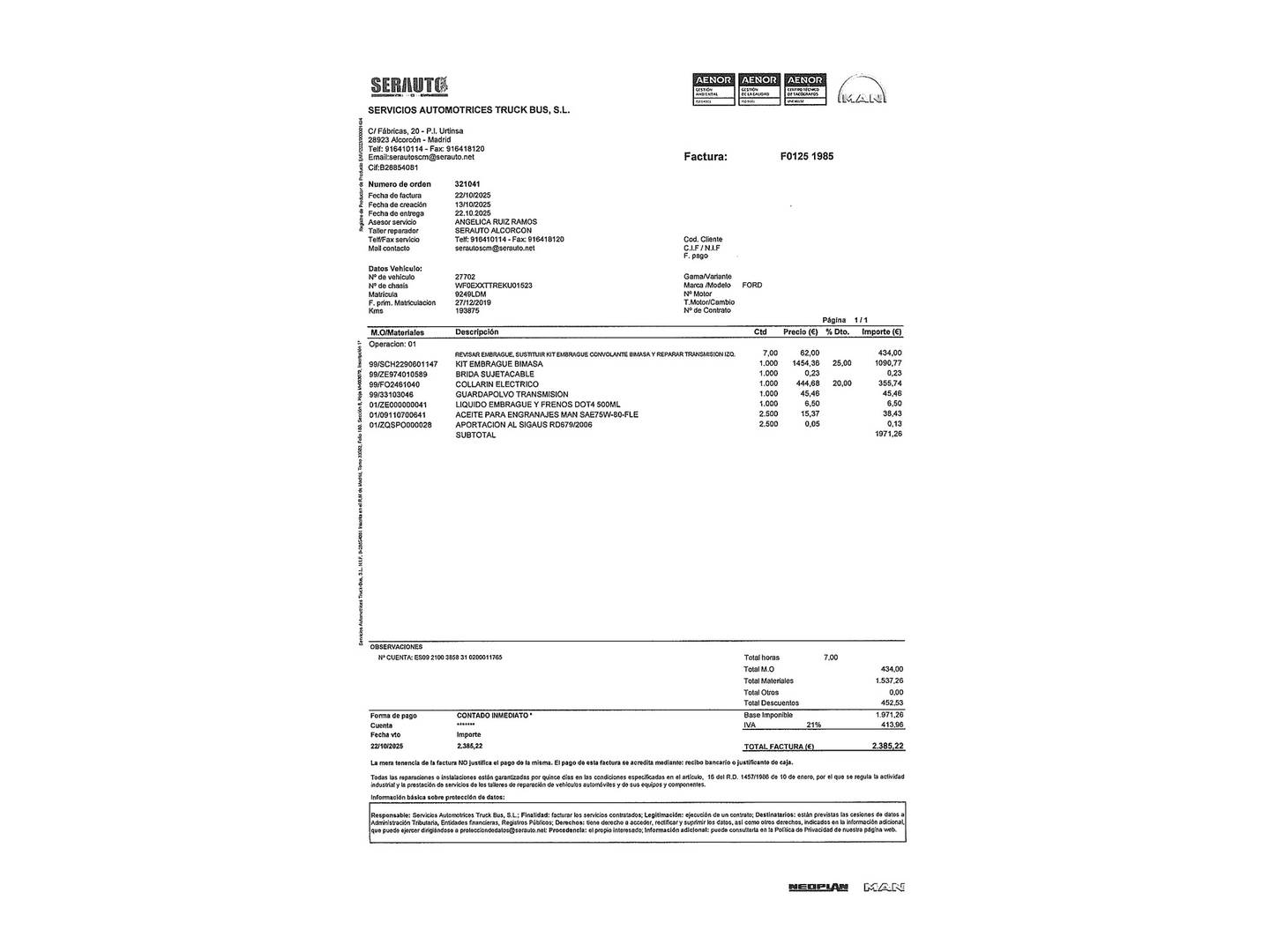 Foto del mantenimiento del Ford Transit Ford Transit Furgon 350 MHEV L3H2 Trend Delantera (130 CV)