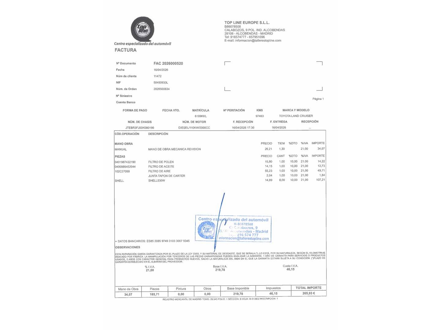 Foto del mantenimiento del Toyota Land Cruiser Toyota Land Cruiser 2.8 D-4D VXL Aut. (177 CV) 7 Plazas