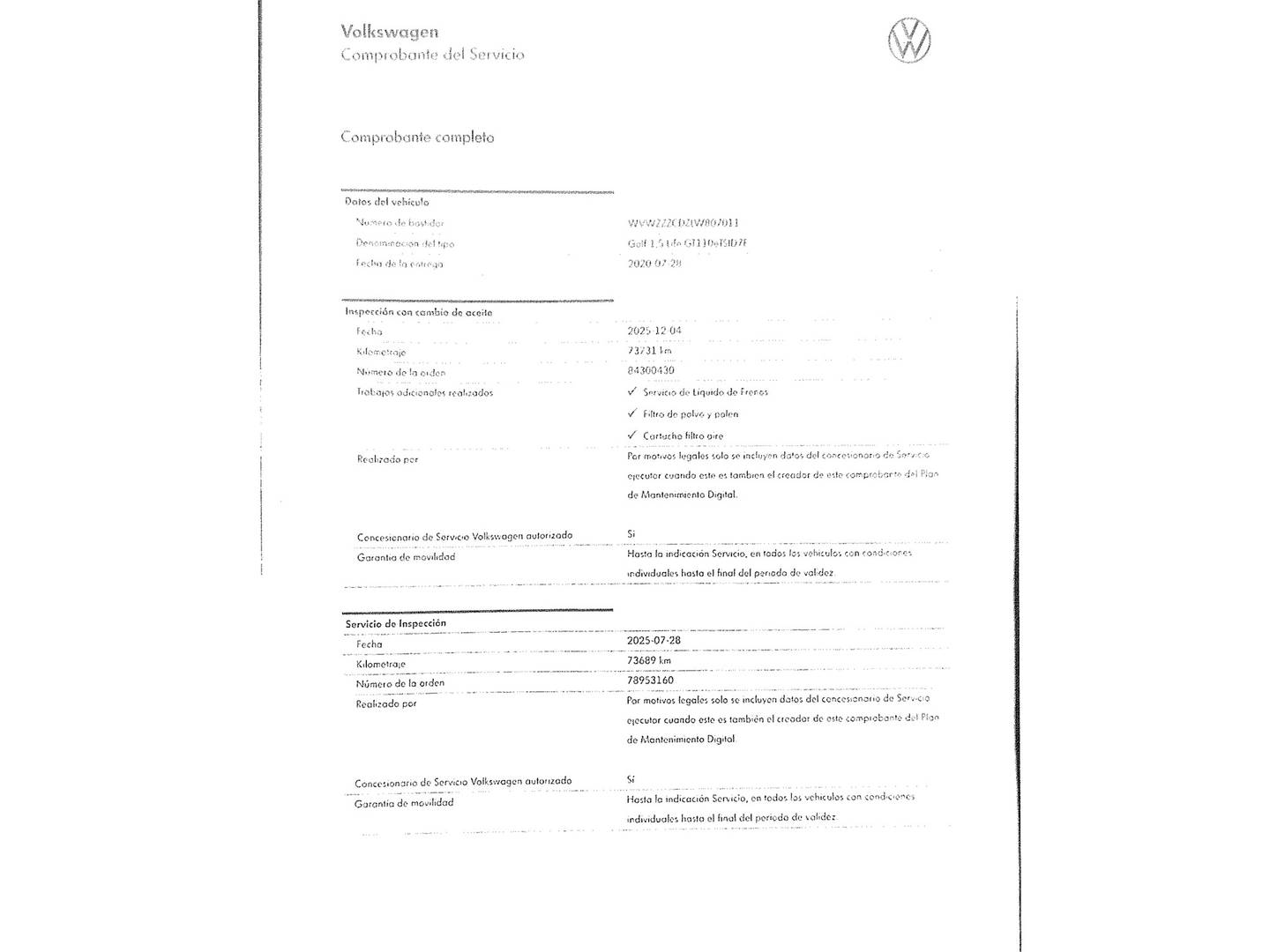 Foto del certificado del Volkswagen Golf Volkswagen Golf Life 1.5 eTSI (150 CV) DSG