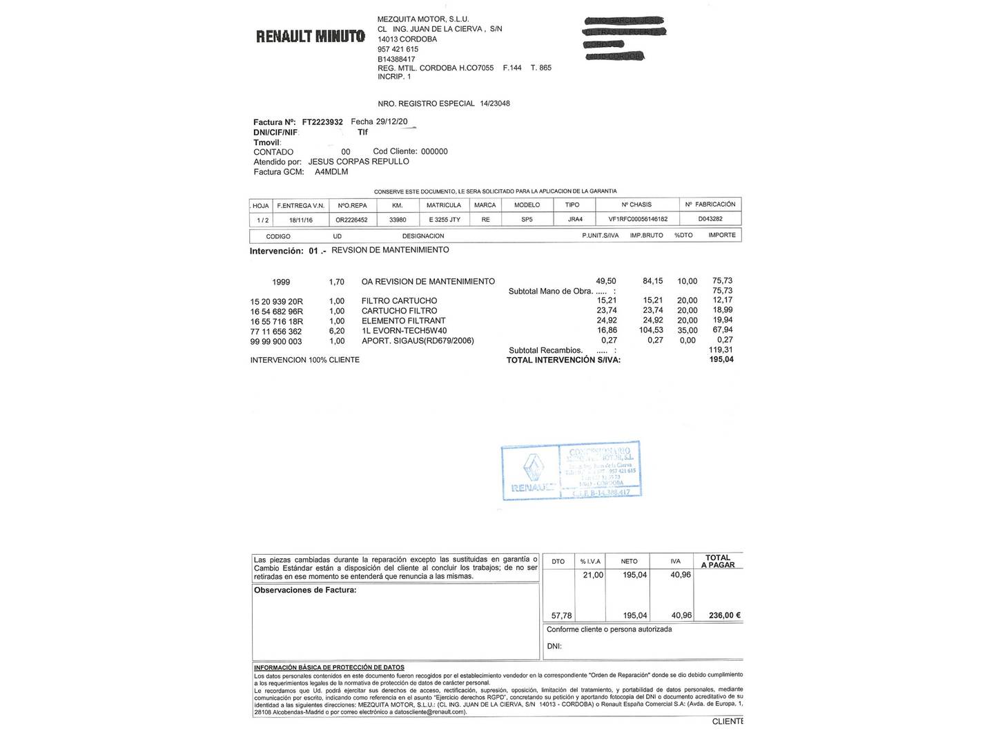 Foto del mantenimiento del Renault Espace Renault Espace Life Energy dCi (130 CV) 7 plazas