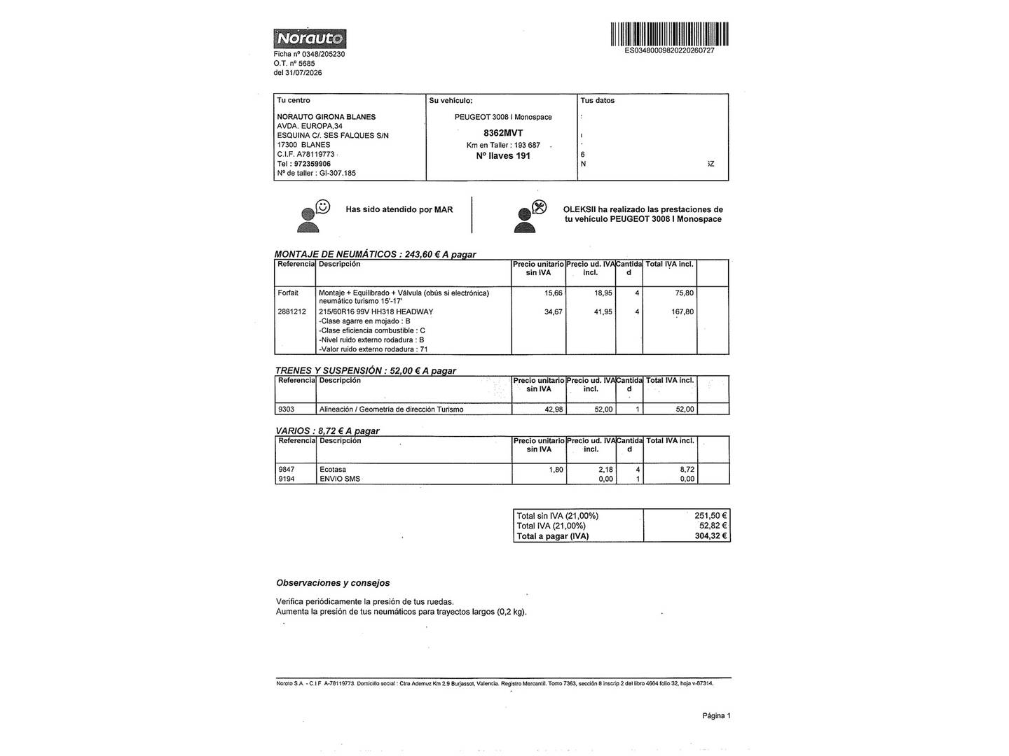 Foto del mantenimiento del Peugeot 3008 Peugeot 3008 1.6 e-HDI Allure FAP ETG6 B.Lion (115 CV)