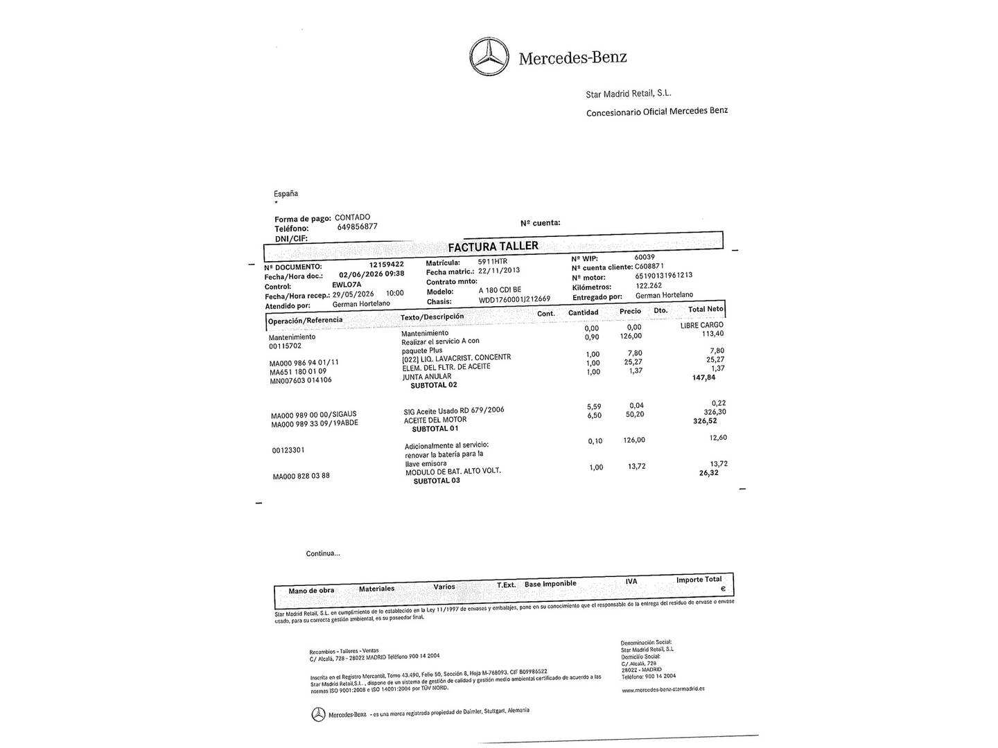 Foto del mantenimiento del Mercedes Clase A Mercedes Clase A 180 CDI Blue Efficiency Urban (109 CV)