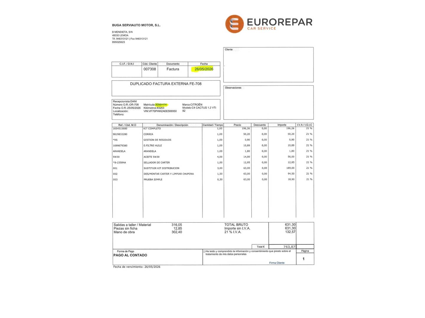 Foto del mantenimiento del Citroën C4 Cactus Citroën C4 Cactus 1.2 VTi Feel Fine (82 CV)